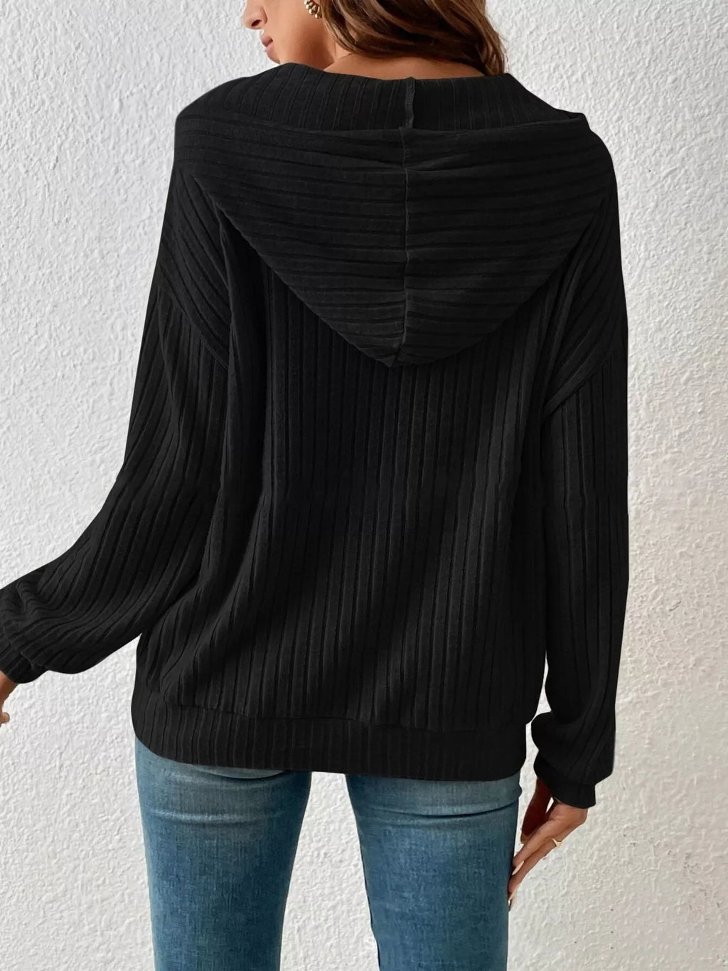 Casual Ribbed Knit Drawstring Hoodie