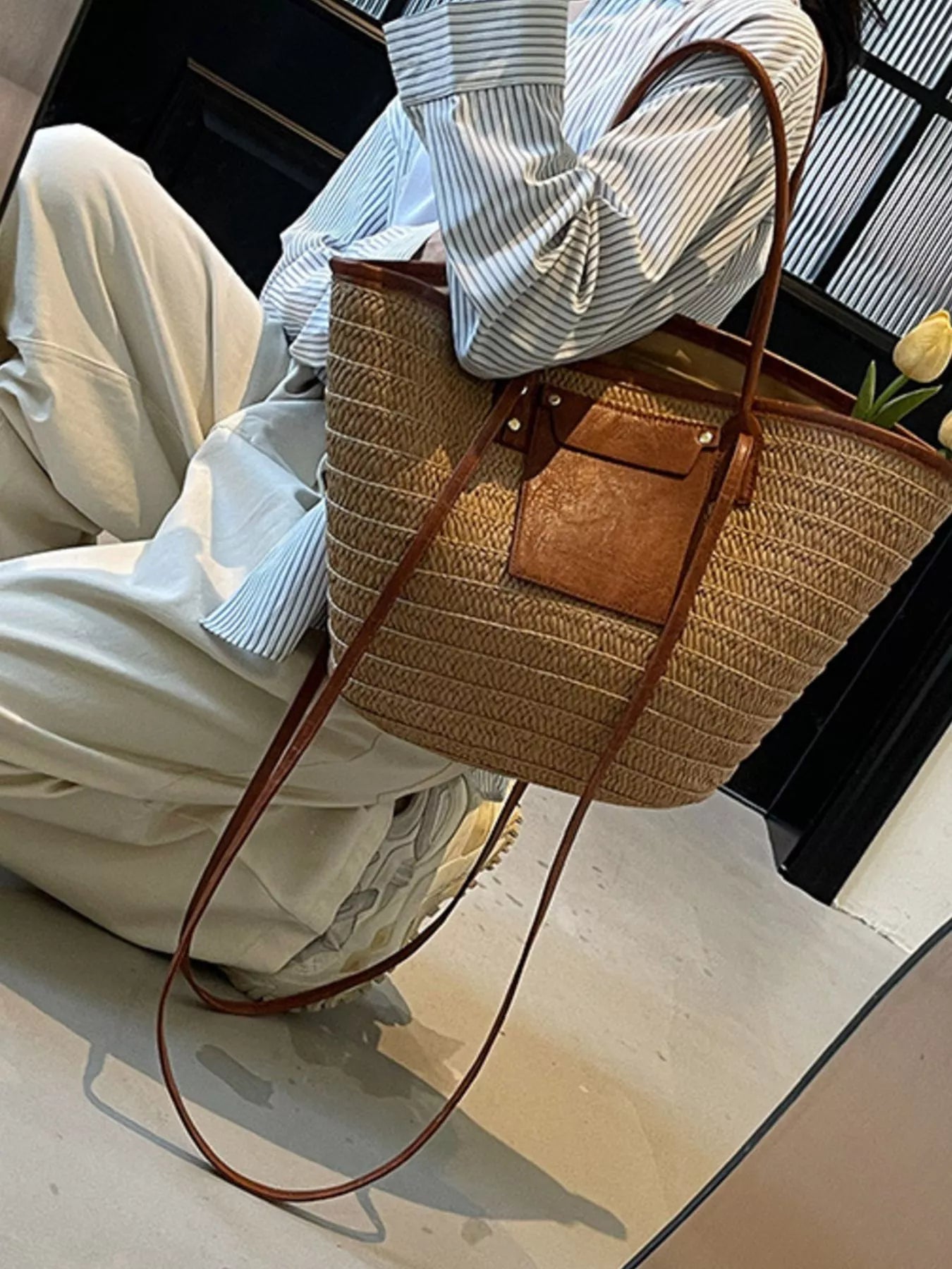 Straw Woven Shoulder Bag with Leather Accents