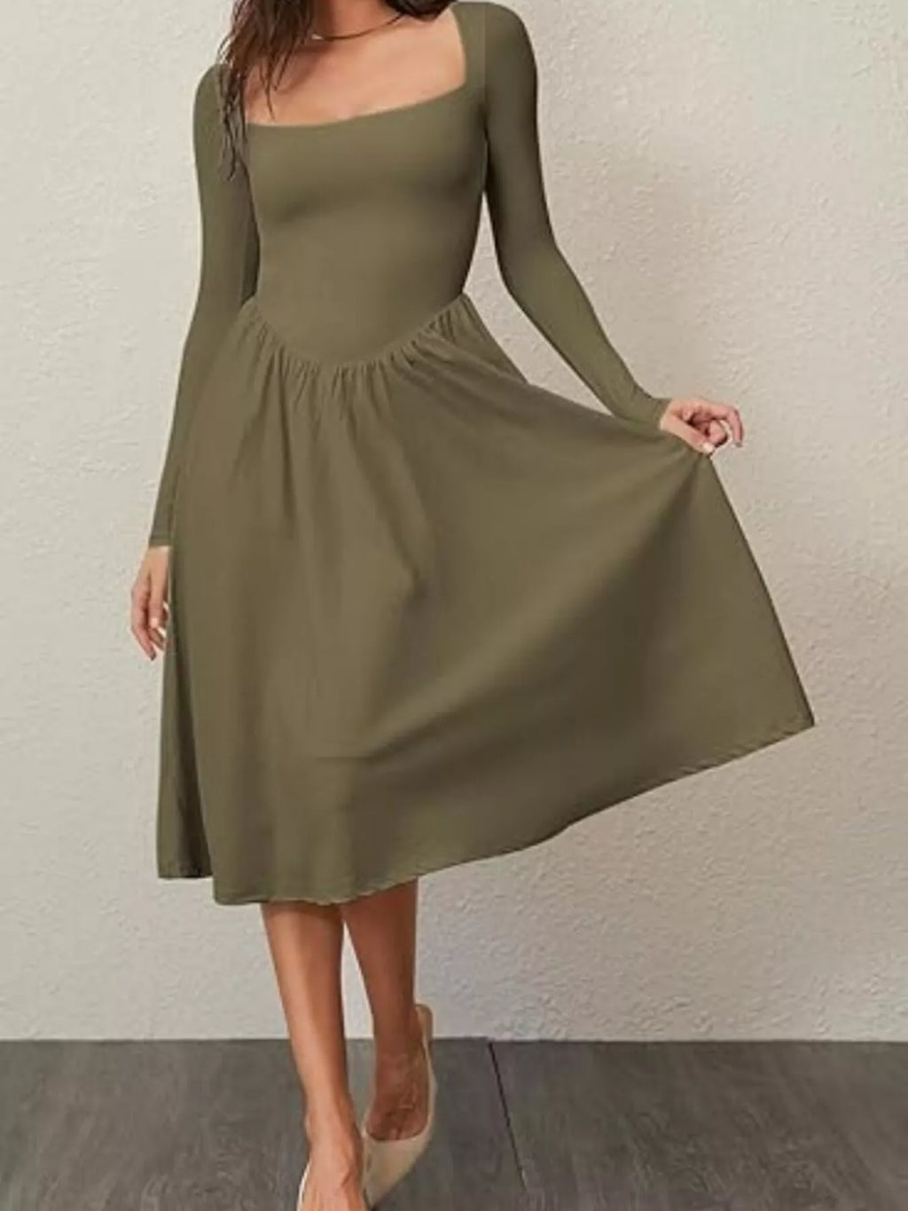 Square Neck Long Sleeve Midi Dress