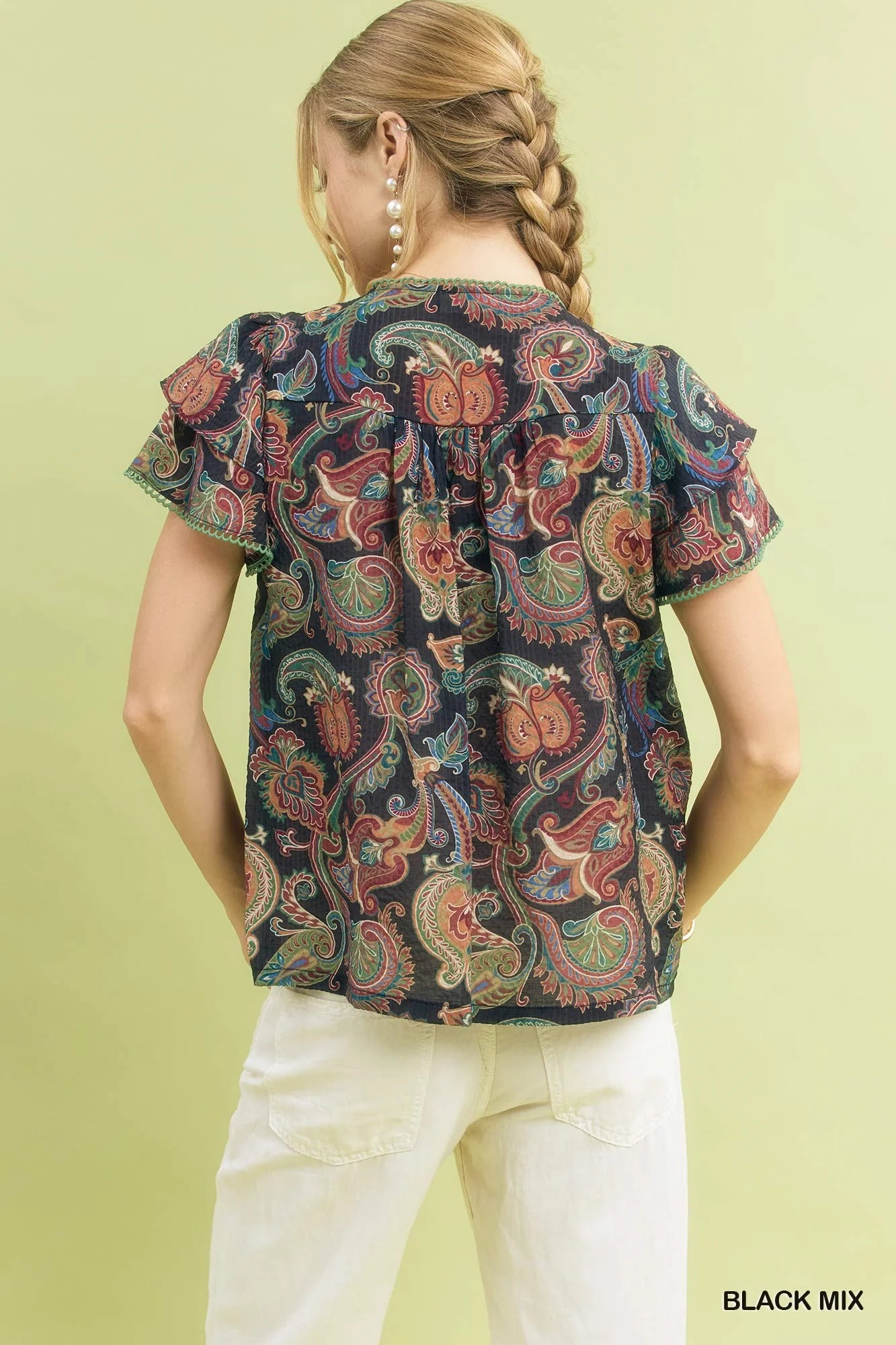 Umgee Mix Paisley Ruffle Sleeve Top