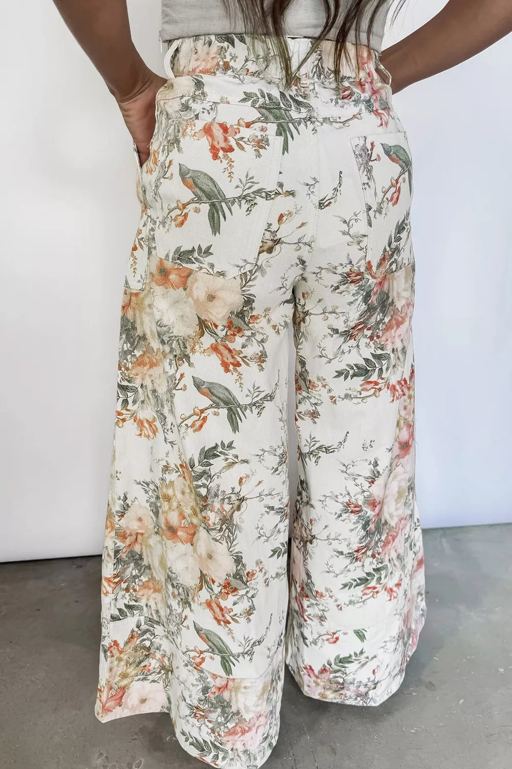 Vintage Style Floral Print High Waist Wide Leg Jeans
