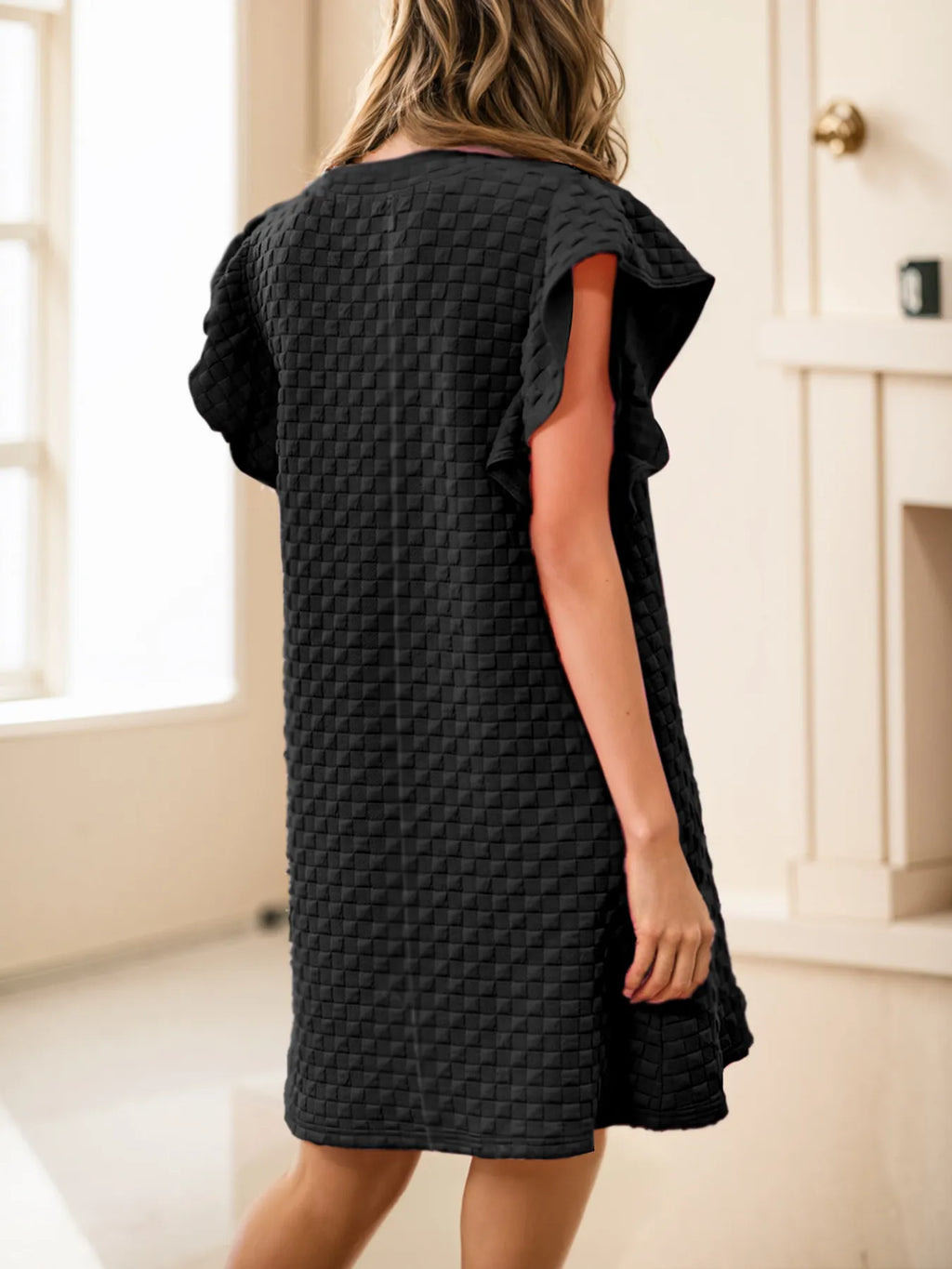 Textured Ruffle Sleeve Casual Summer Dress