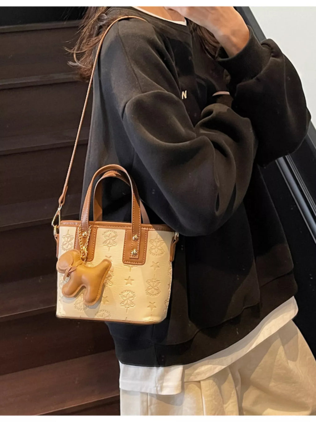Embossed Pattern Dog Charm Crossbody Bag