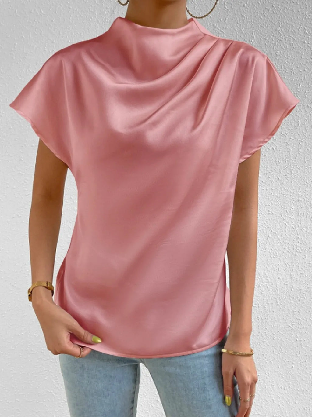 Mock Neck Short Sleeve Blouse