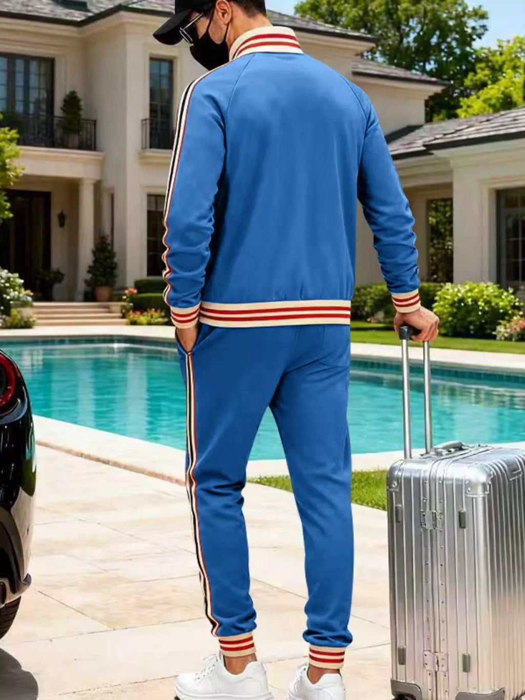 Men's Full Size Striped Zip Up Outerwear and Pants Plus Size