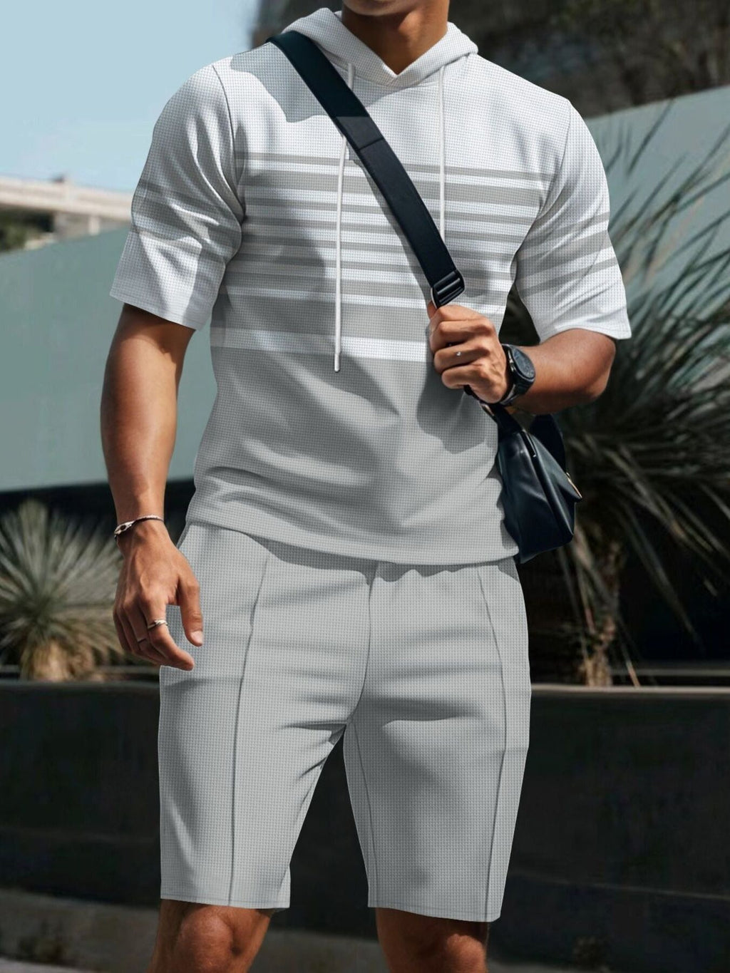 Men's Full Size Striped Short Sleeve Hoodie and Shorts Set Plus Size