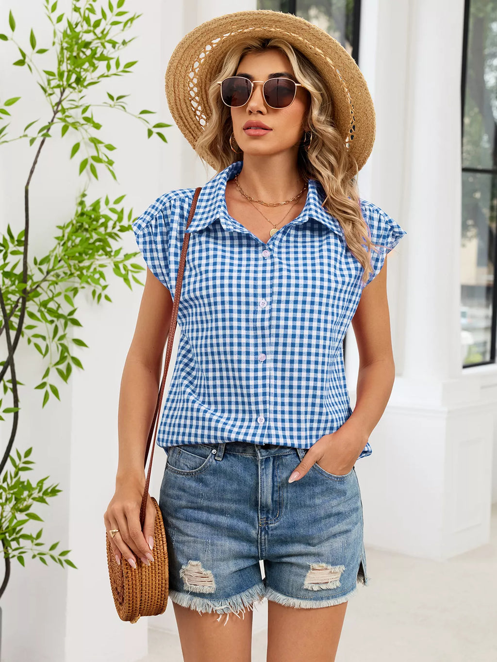 Plaid Button Up Cap Sleeve Shirt