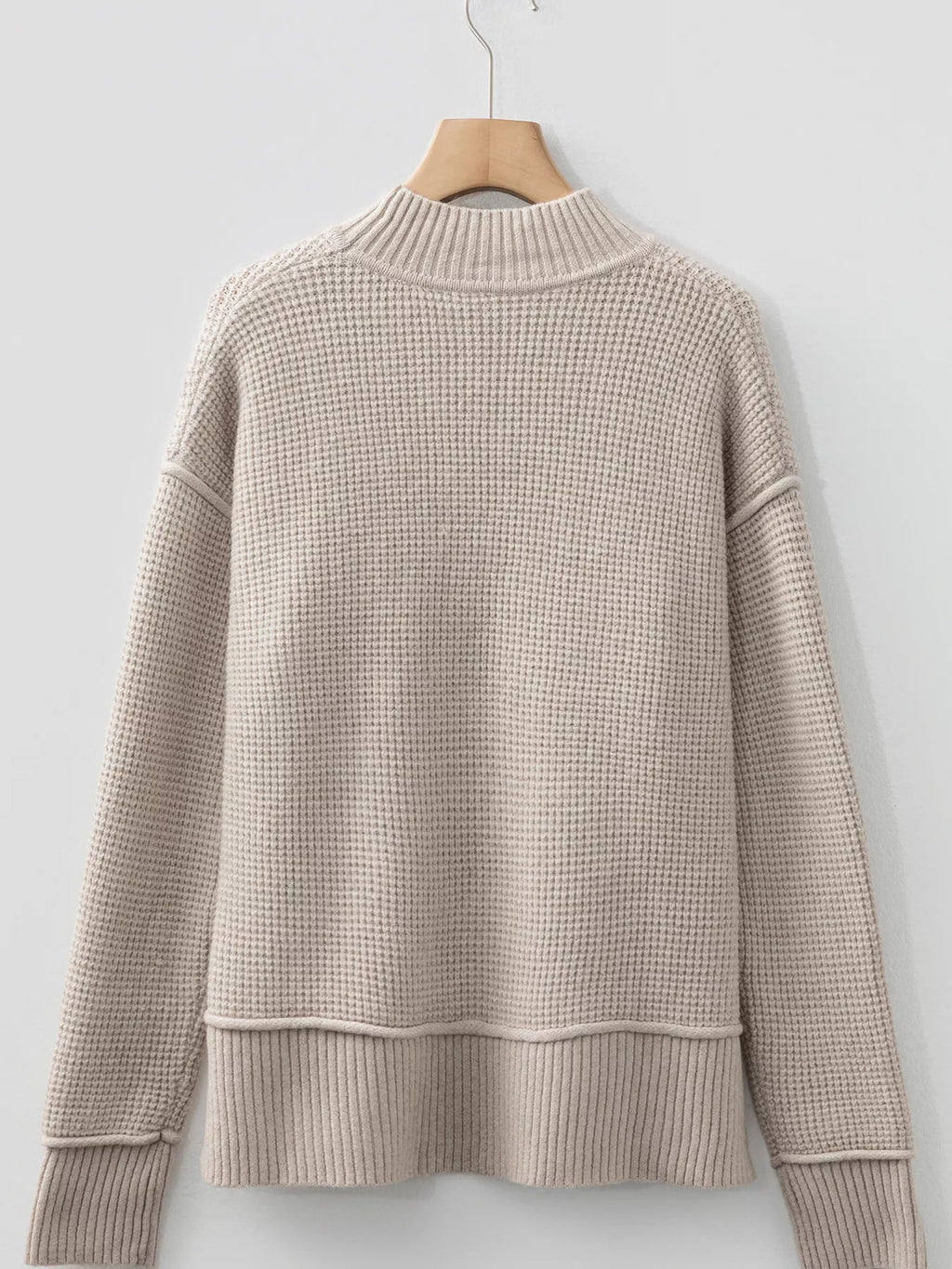 Waffle Texture Knit Ribbed High Neck Drop Shoulder Sweater