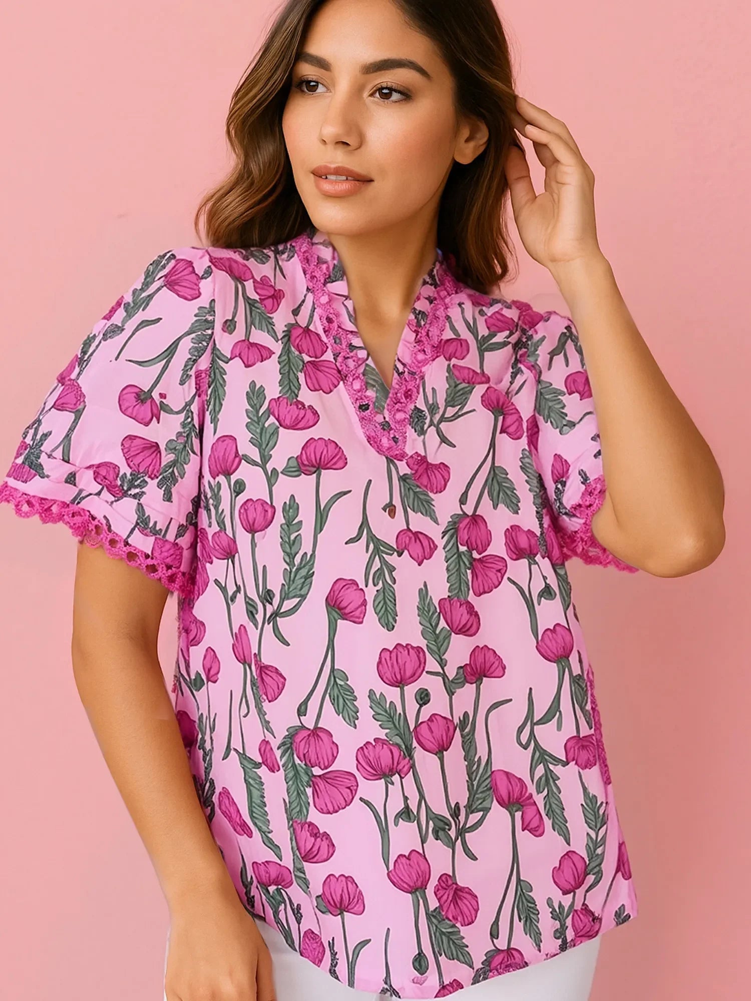 Floral Notched Short Sleeve Blouse