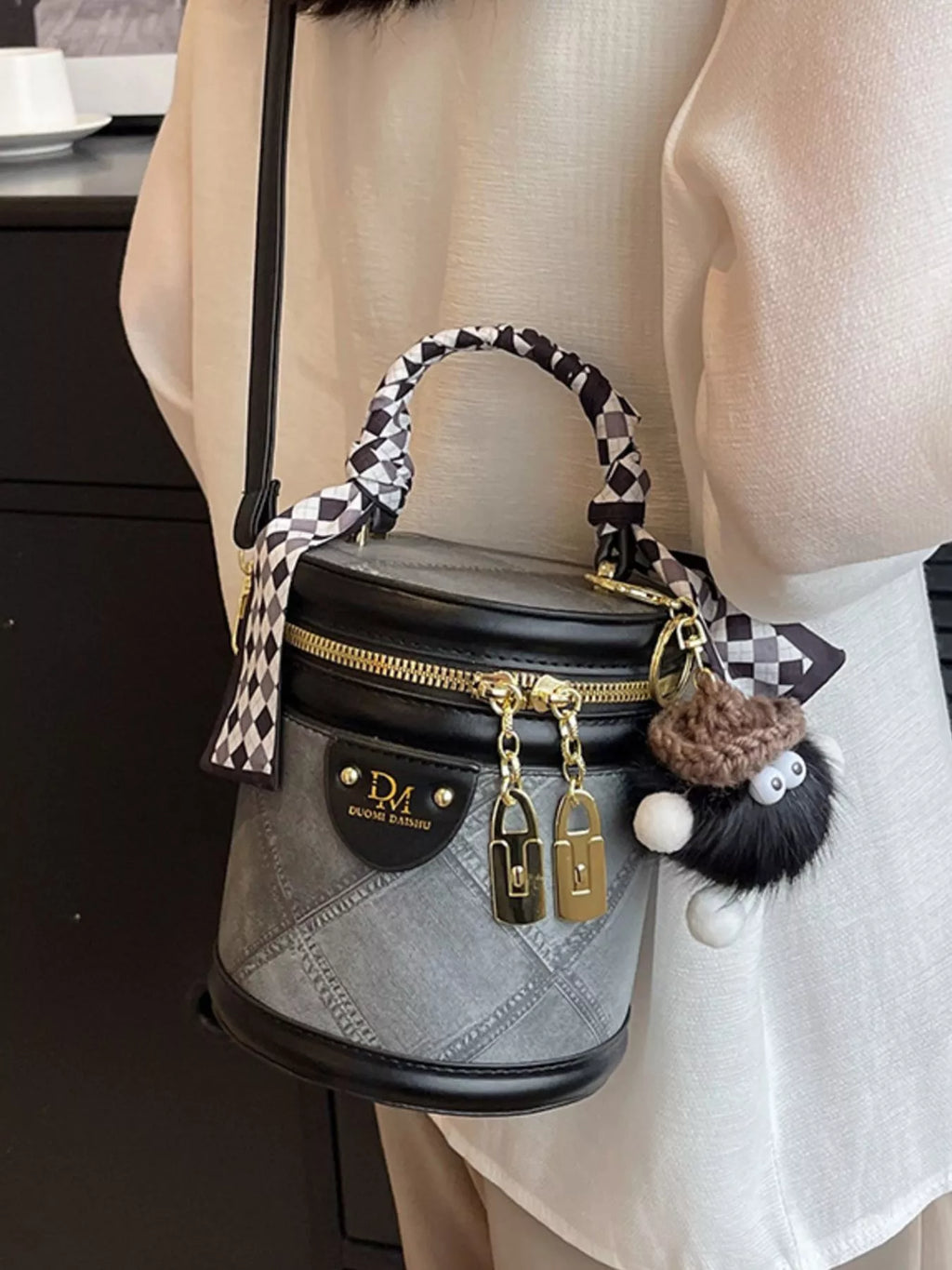 Bucket Crossbody Bag with Scarf Accent