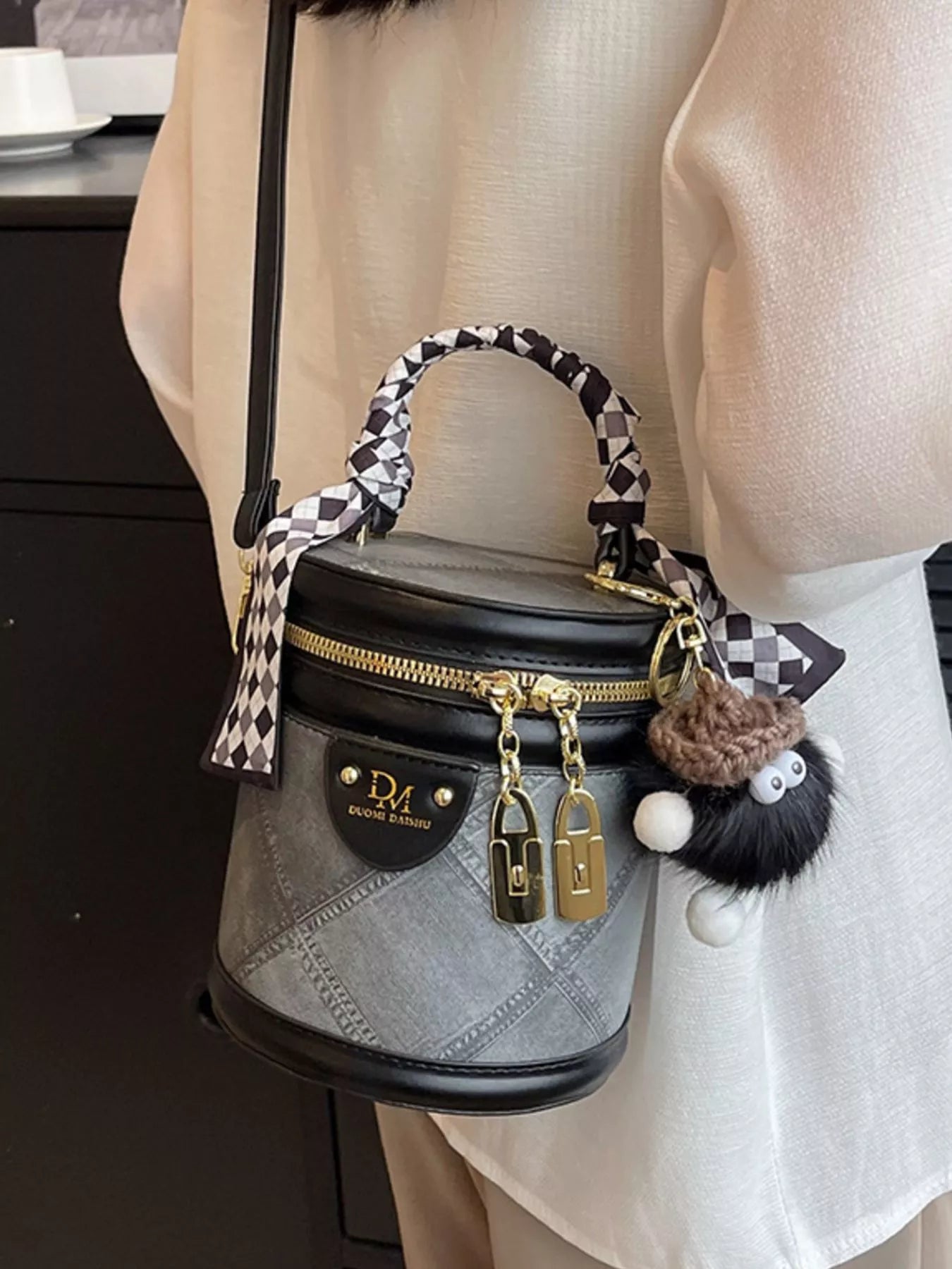 Bucket Crossbody Bag with Scarf Accent
