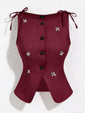 Button-Front Floral Decor Tie Shoulder Vest