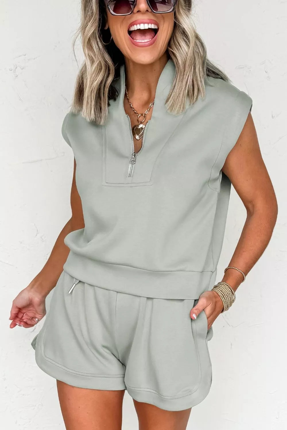 Quarter Zip Sleeveless Top Drawstring Shorts Casual 2pcs Outfit