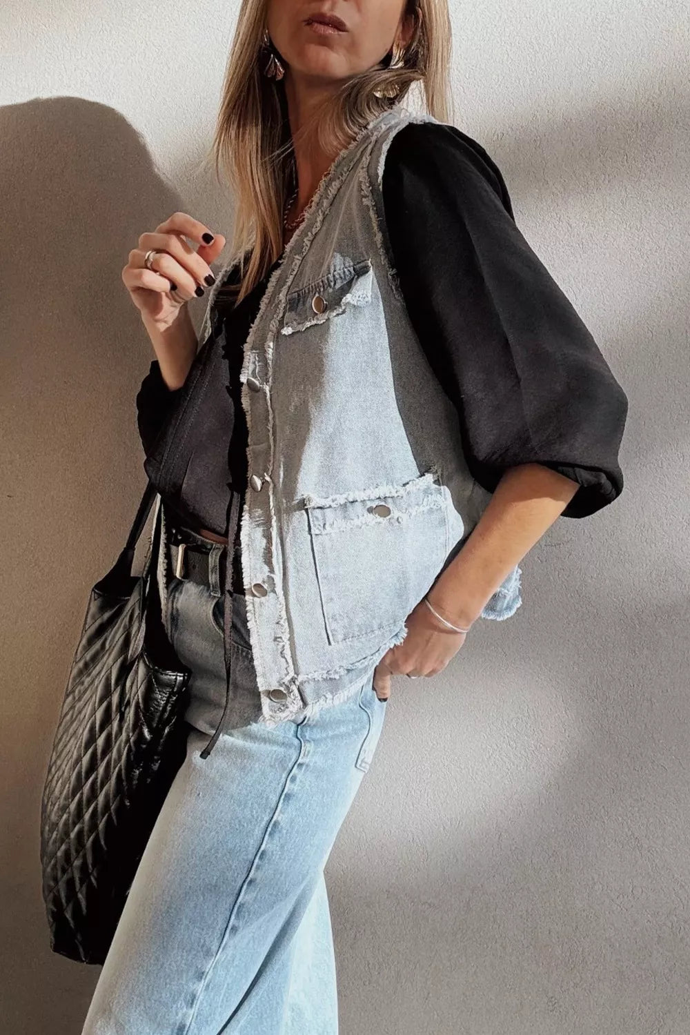 Frayed Edge Flap Pockets Denim Vest Jacket