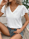 Eyelet V-Neck Flutter Sleeve Blouse