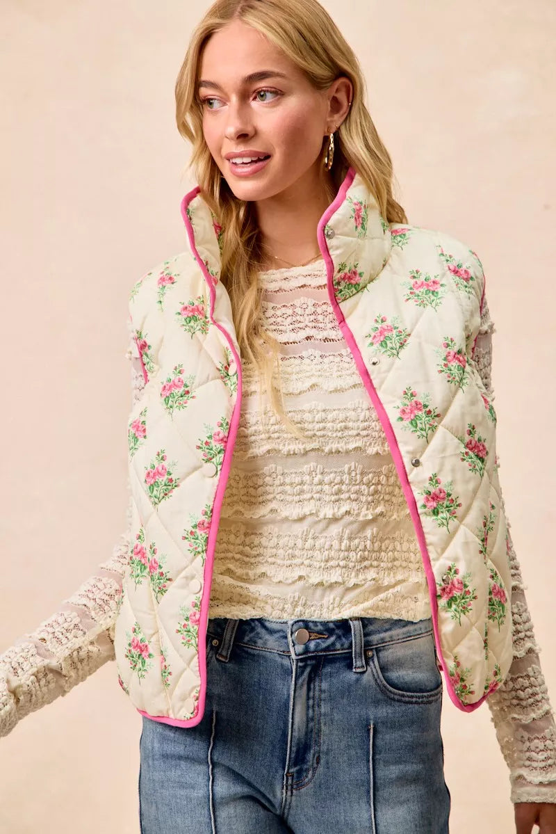 BiBi Floral Print Piping Detail Quilted Vest