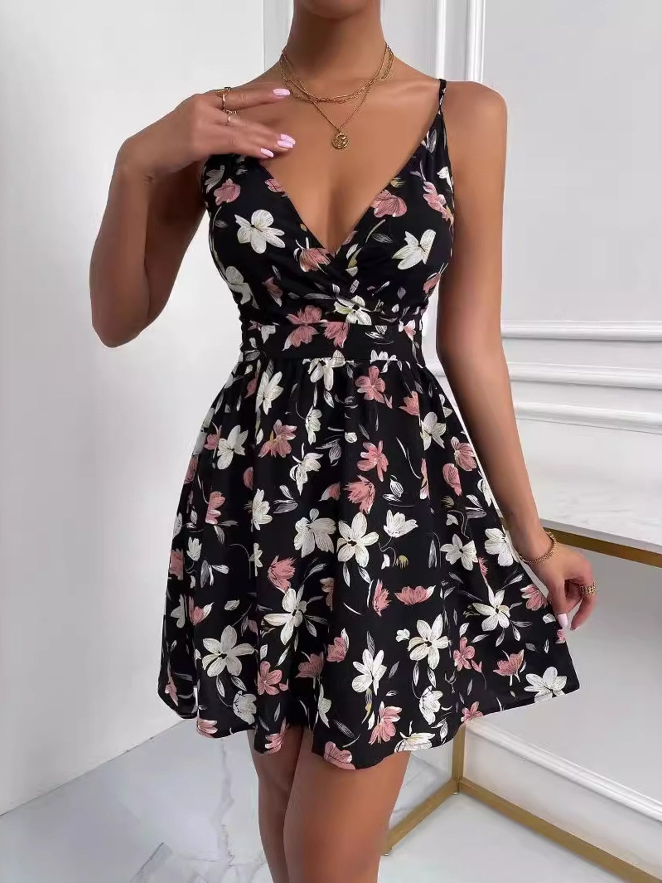 Floral Print V-Neck Spaghetti Strap Mini Dress
