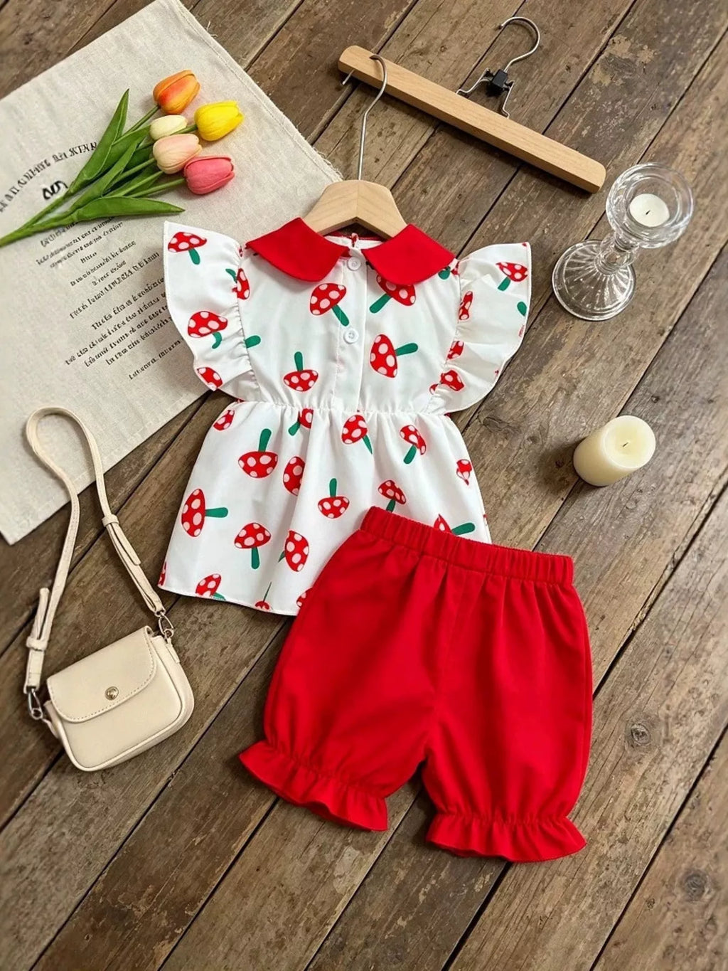 Children's Mushroom Print Ruffle Trim Top & Shorts Set