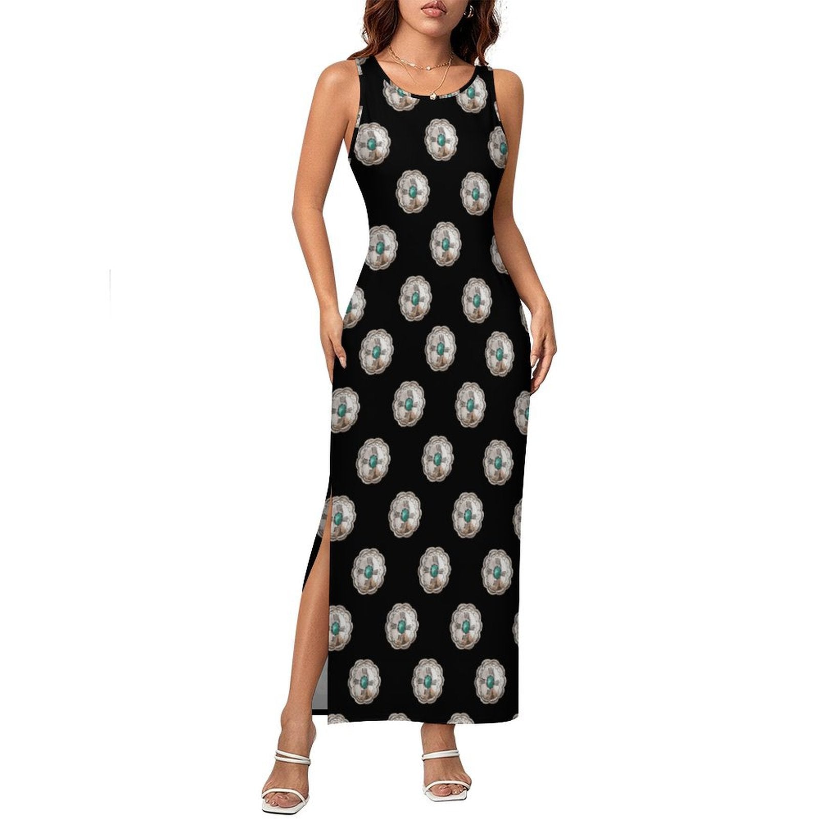 Baha Ranch Silver Concho Slit Maxi Dress