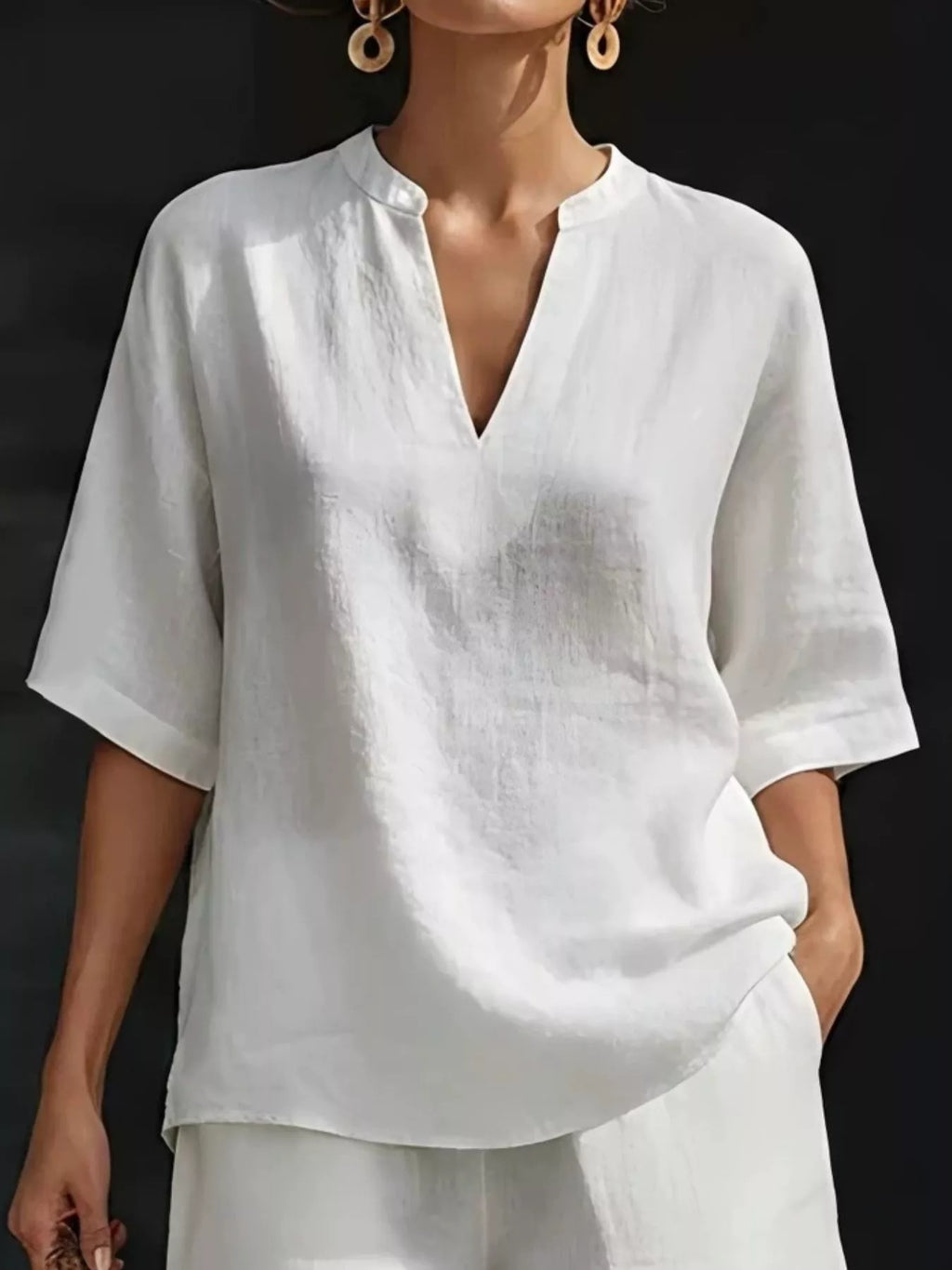 Full Size Notched Half Sleeve Top and Shorts Set Plus Size
