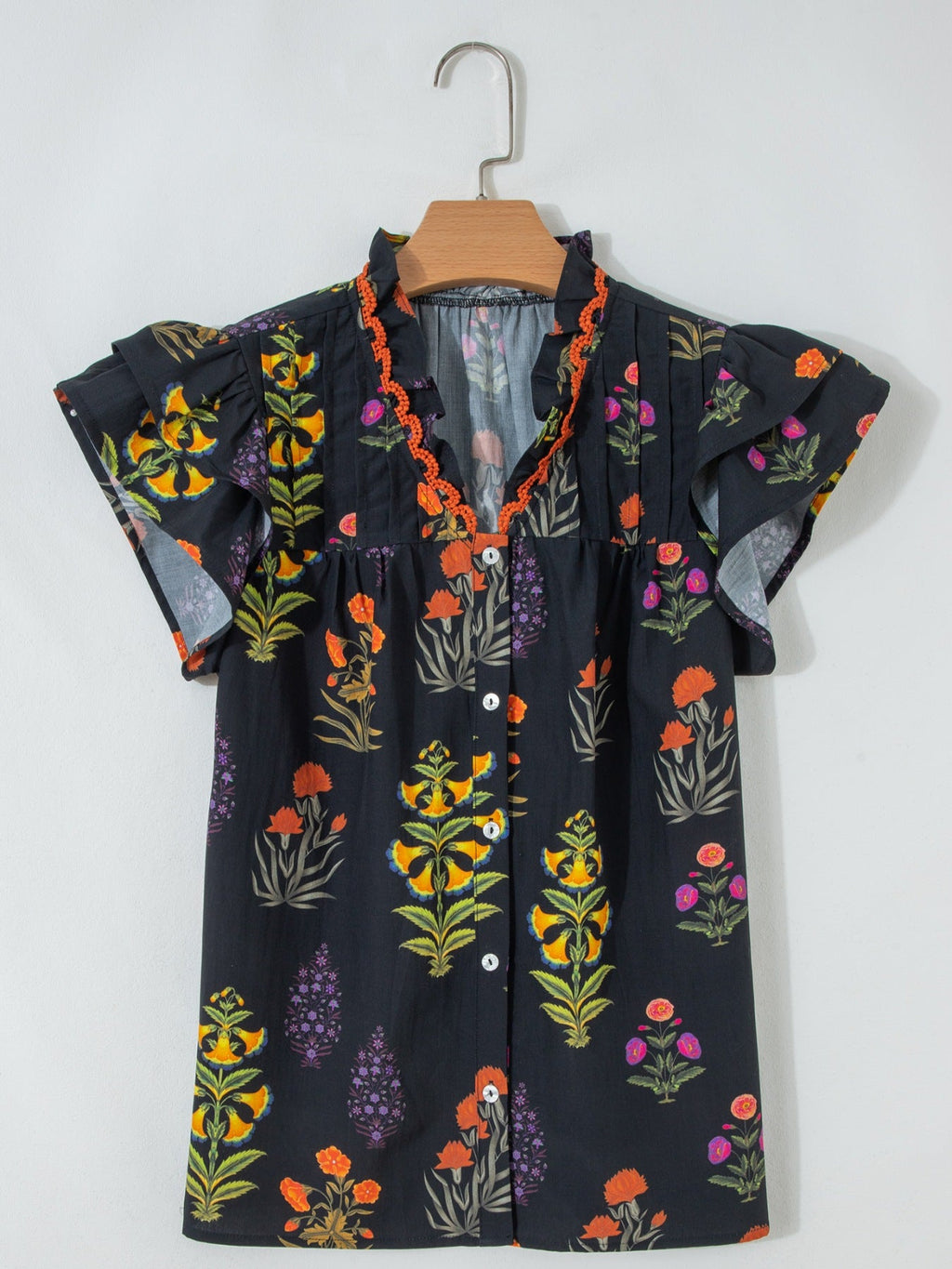 Floral Print Lace Trim Frilled V Neck Short Sleeve Shirt