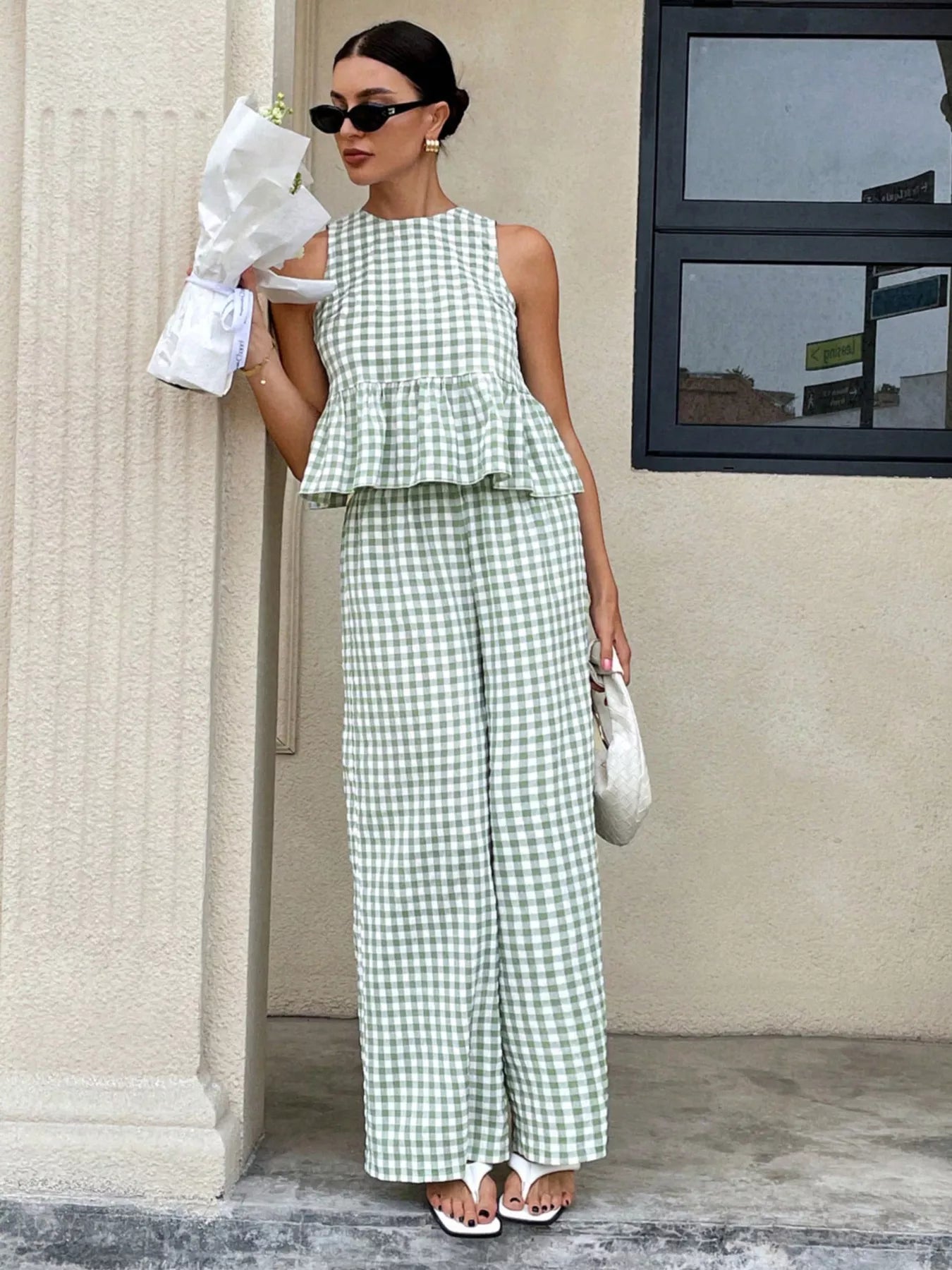 Gingham Sleeveless Top and Wide Leg Pants Set