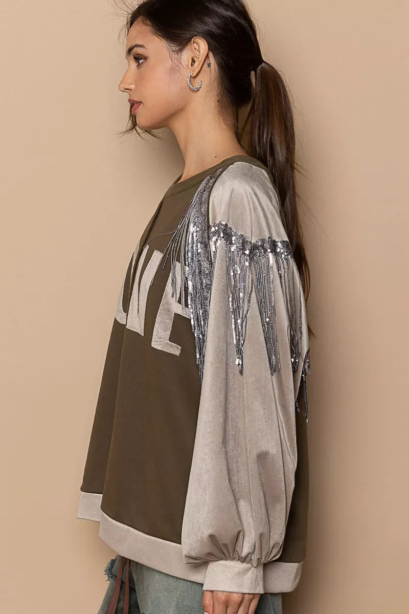 POL Balloon Sleeve French Terry Sweatshirt with Sequin Tassel