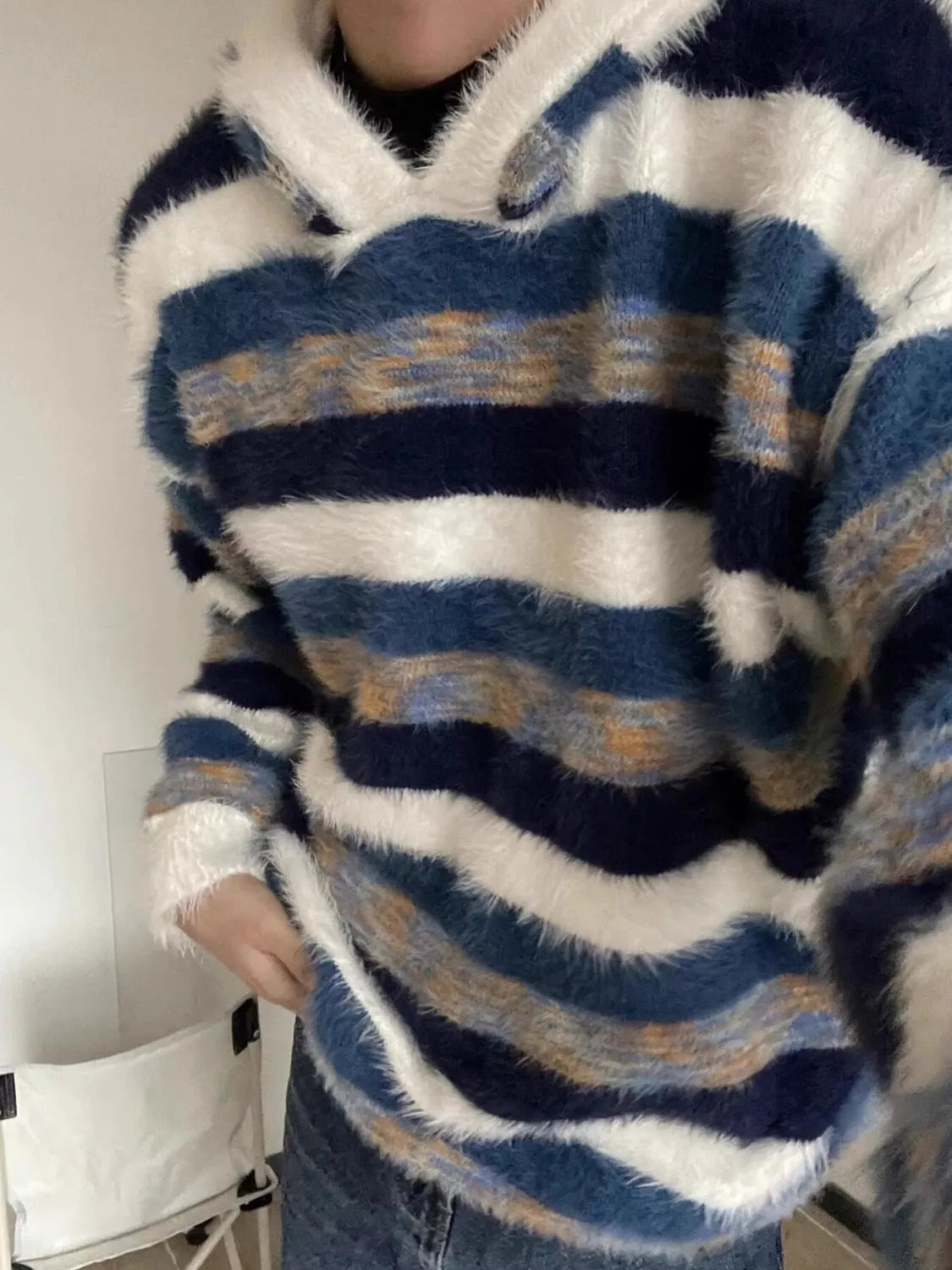Men's Striped Fuzzy Knit Hooded Sweater