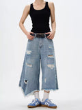 Men's Full Size Distressed Raw Hem Wide Leg Jeans Plus Size