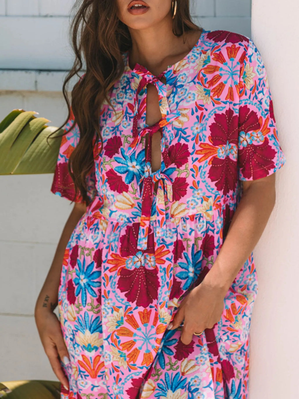 Floral Print Tie Front Midi Dress