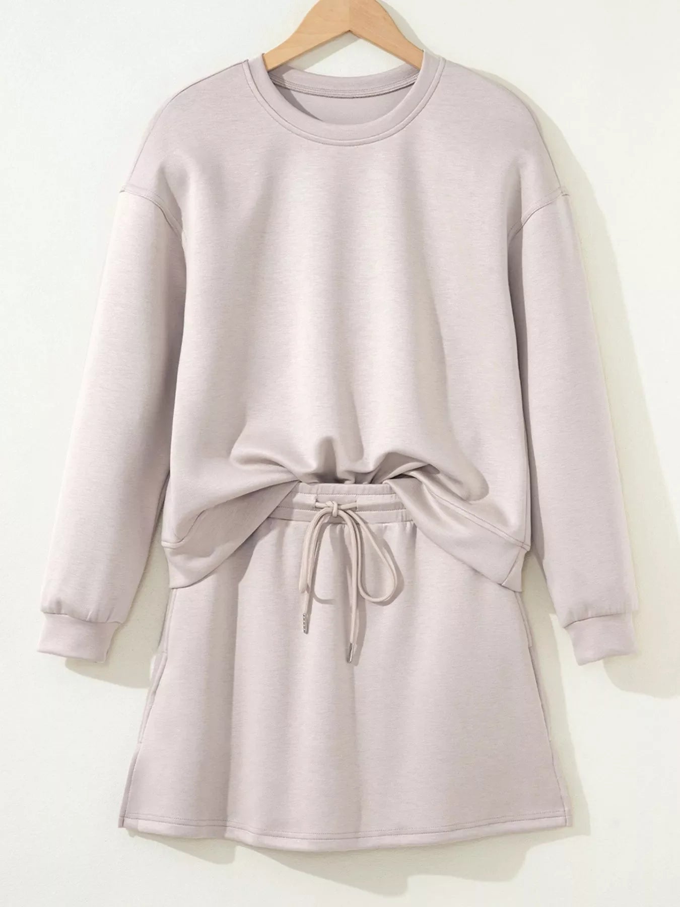 Solid Color Drop Shoulder Pullover and Drawstring Mini Skirt 2pcs Outfit