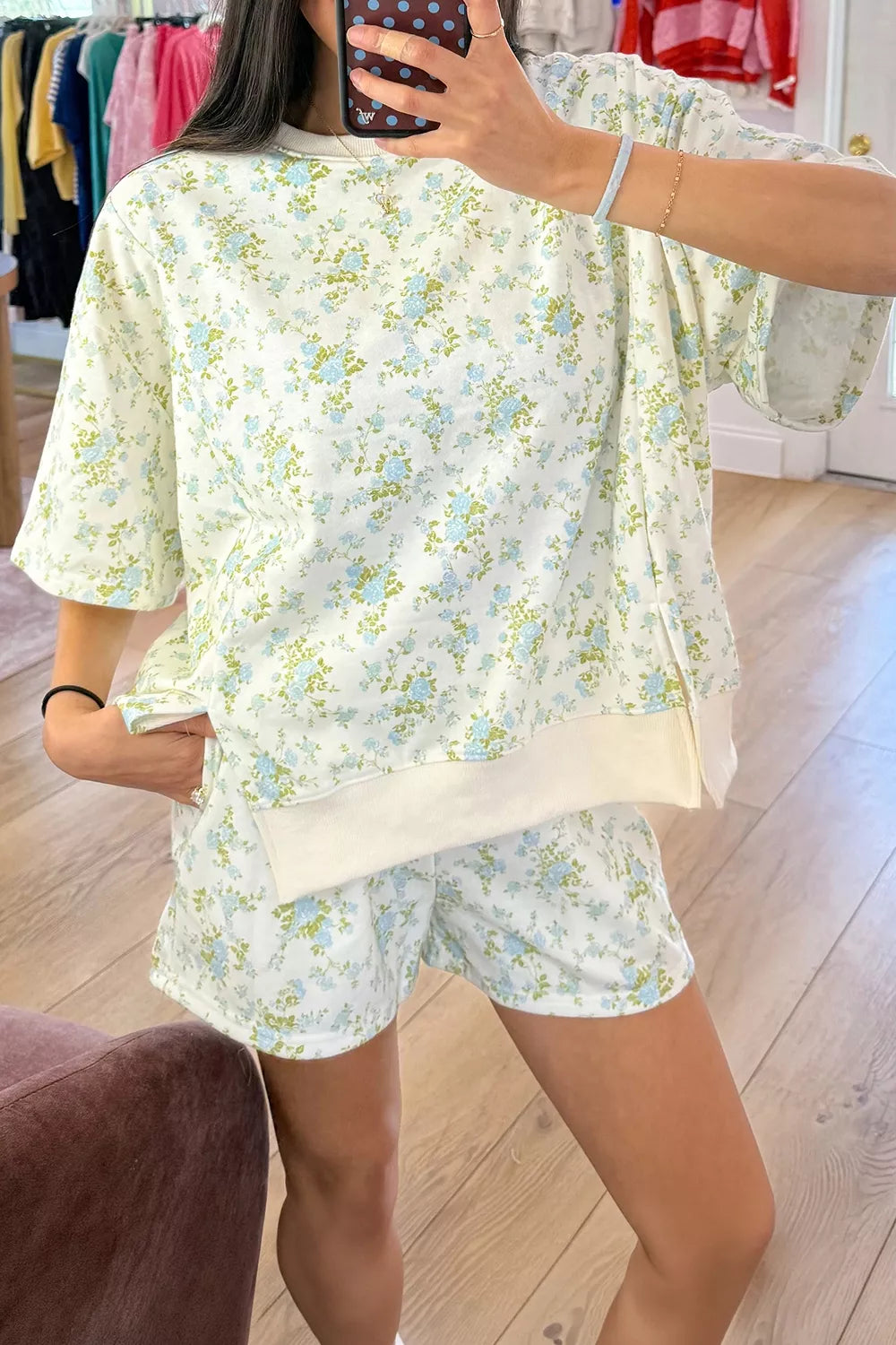 Floral Print Long Sleeve Shift Top Pocketed Shorts 2pcs Set