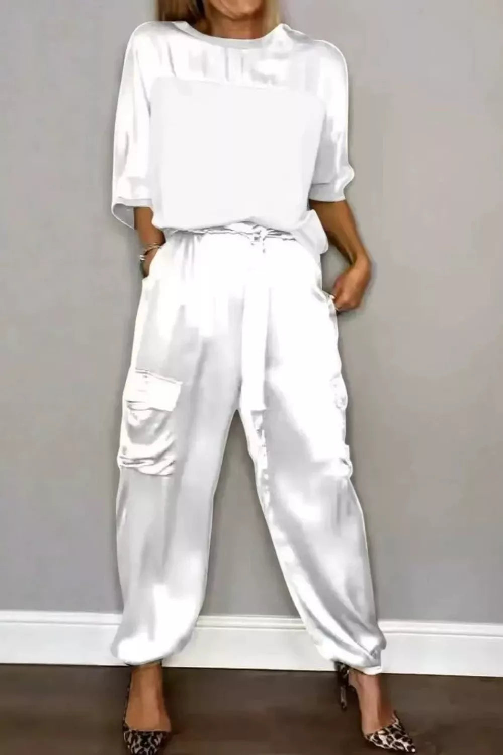 Satin Round Neck Top and Pants Set