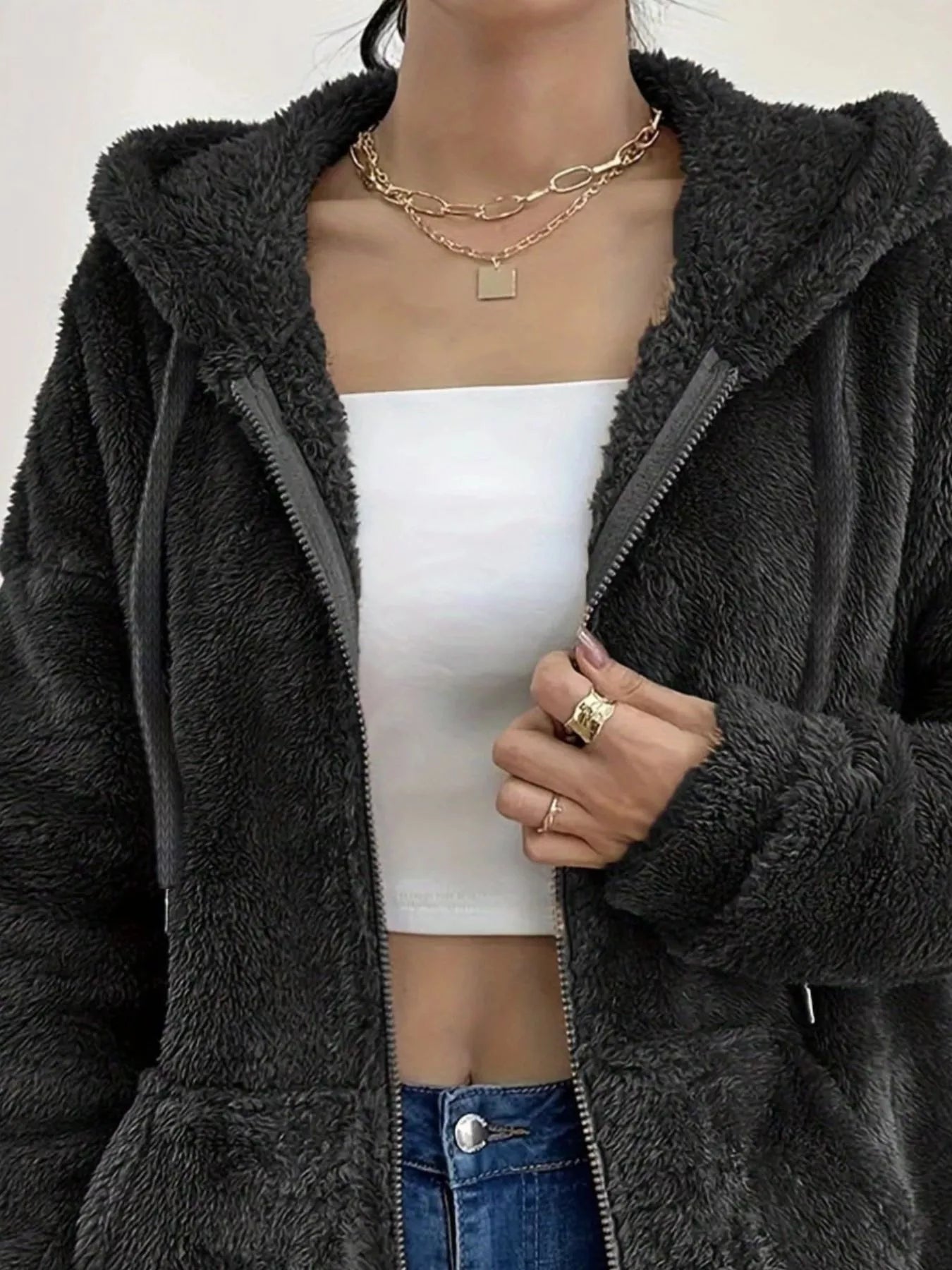 Drawstring Fleece Zip-Up Outerwear