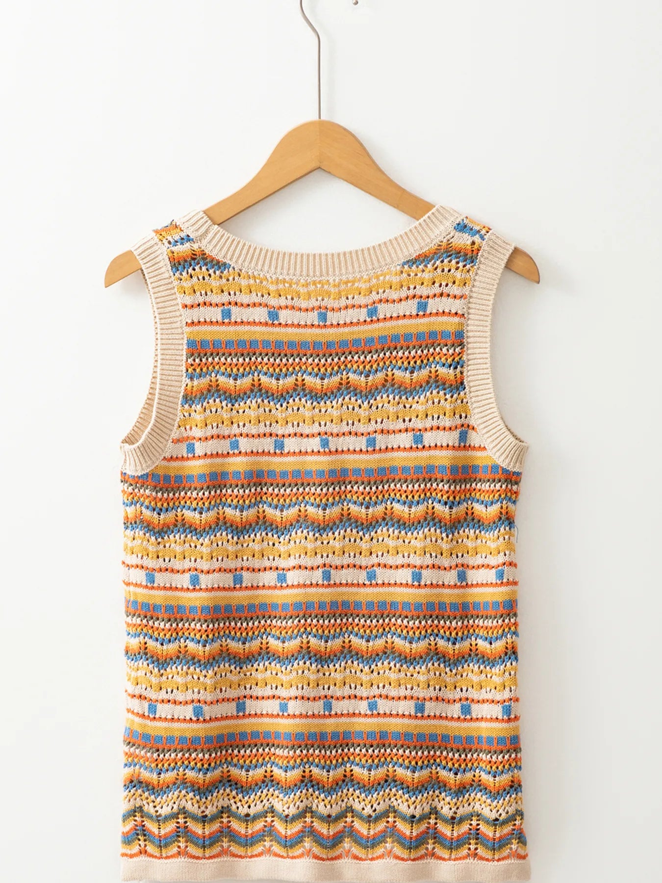Stripe Eyelet Crochet Round Neck Sweater Vest
