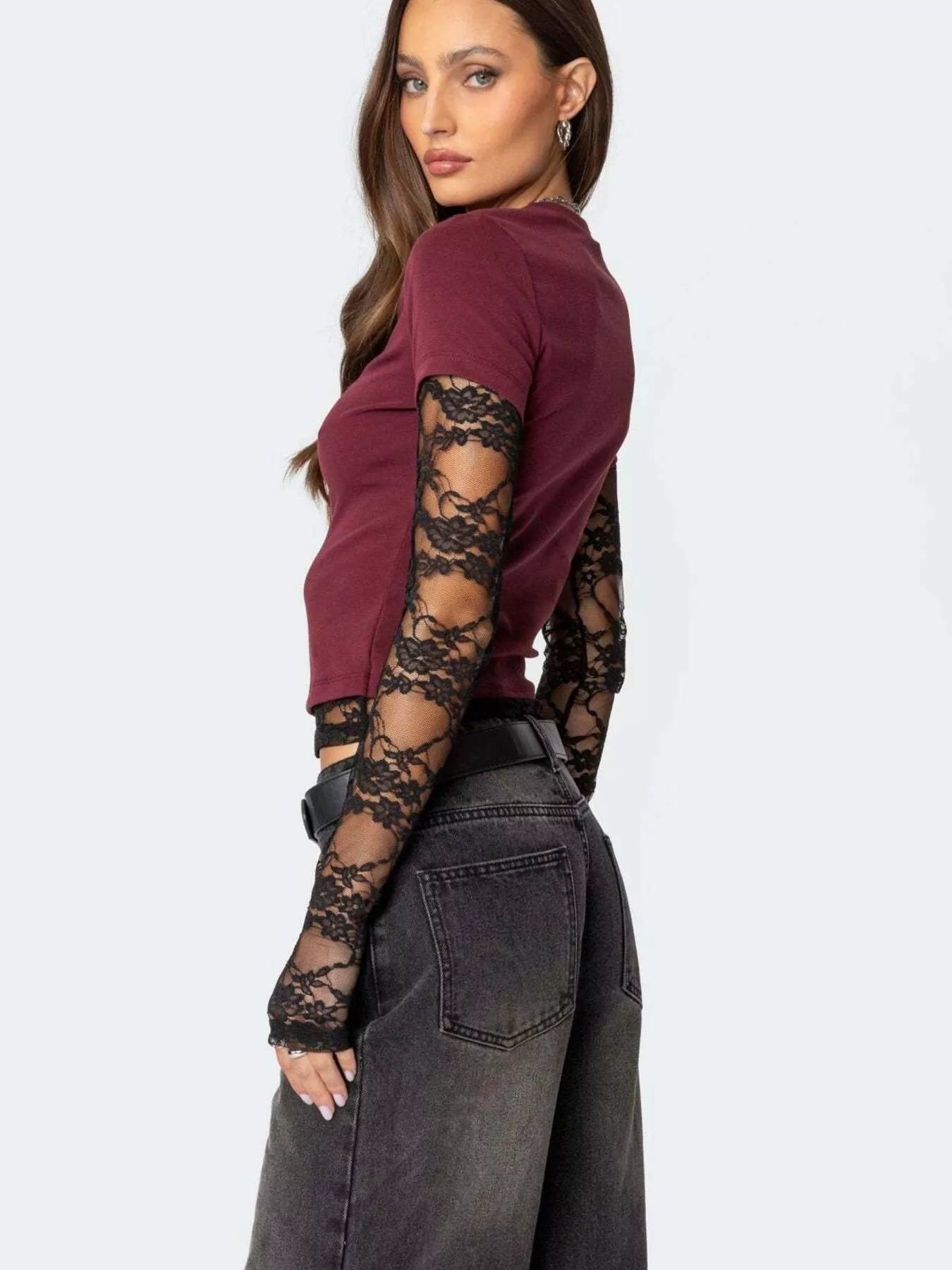 Cropped T-Shirt with Sheer Lace Sleeves