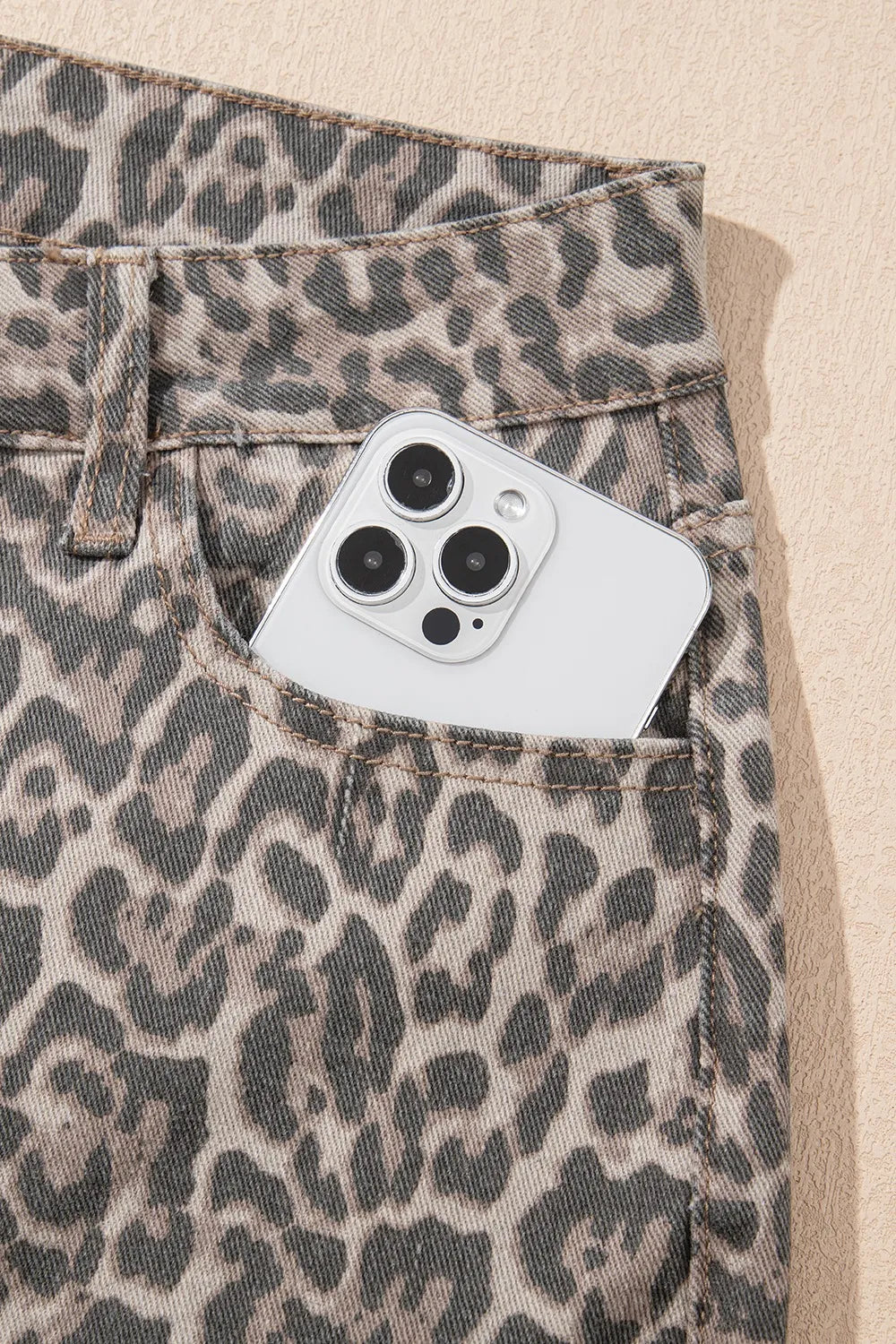 Leopard Frayed Edge Wide Leg High Waist Jeans