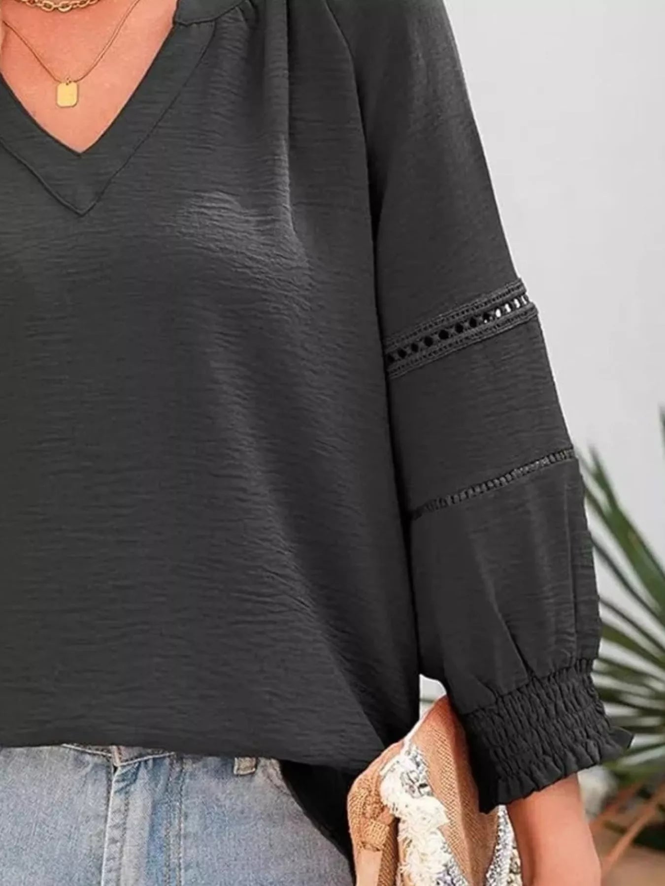 Solid Color Smocked Long Sleeve Blouse