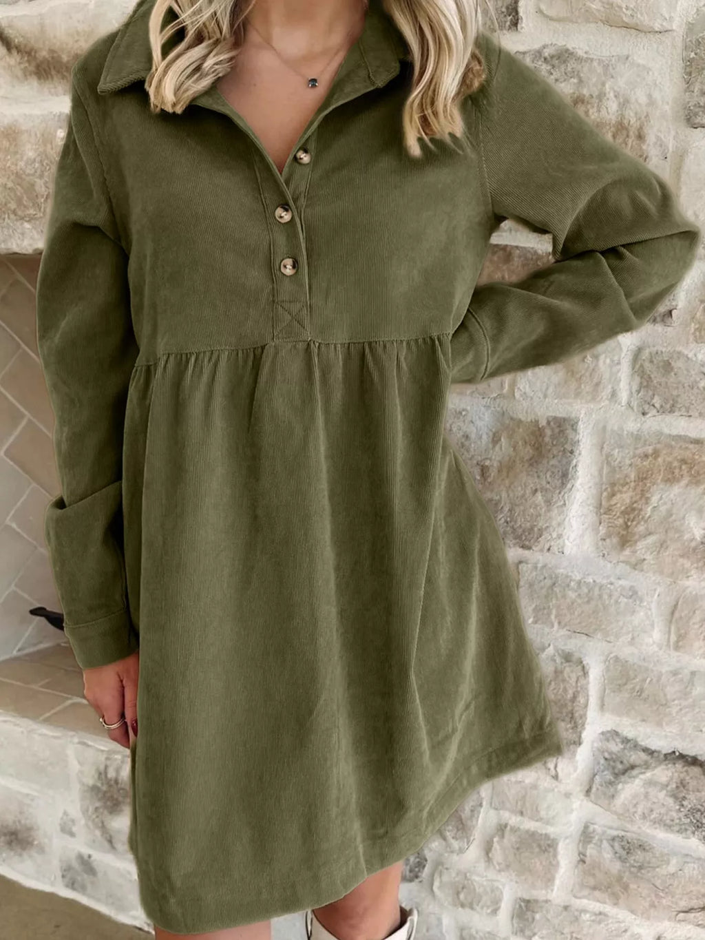 Casual Corduroy Button Detail Mini Dress