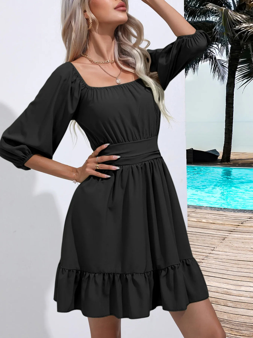 Tie Back Ruffled Hem Square Neck Dress