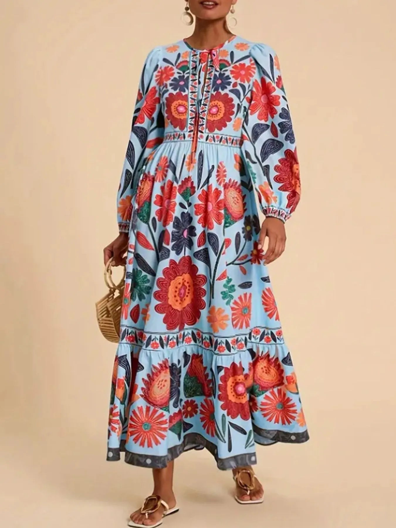 Floral Tie Waist Long Sleeve Dress