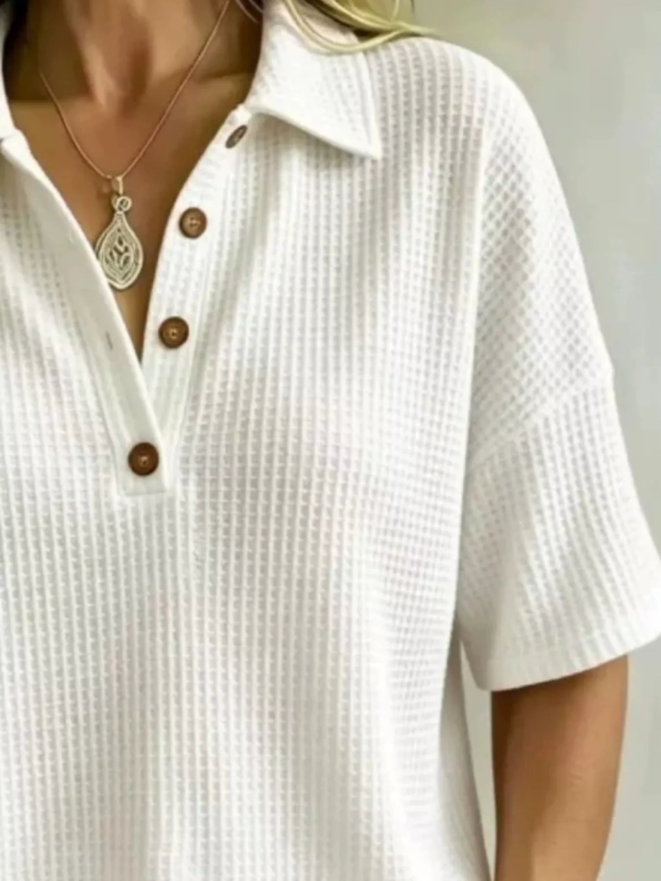 Full Size Waffle Knit Polo Top with Button Detail Plus Size