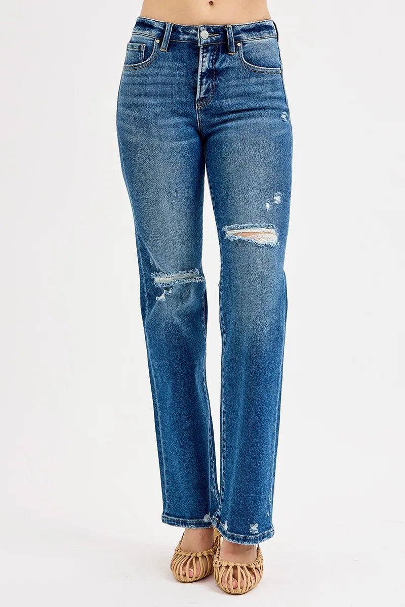 RISEN Full Size Tummy Control High Rise Straight Distressed Jeans Plus Size