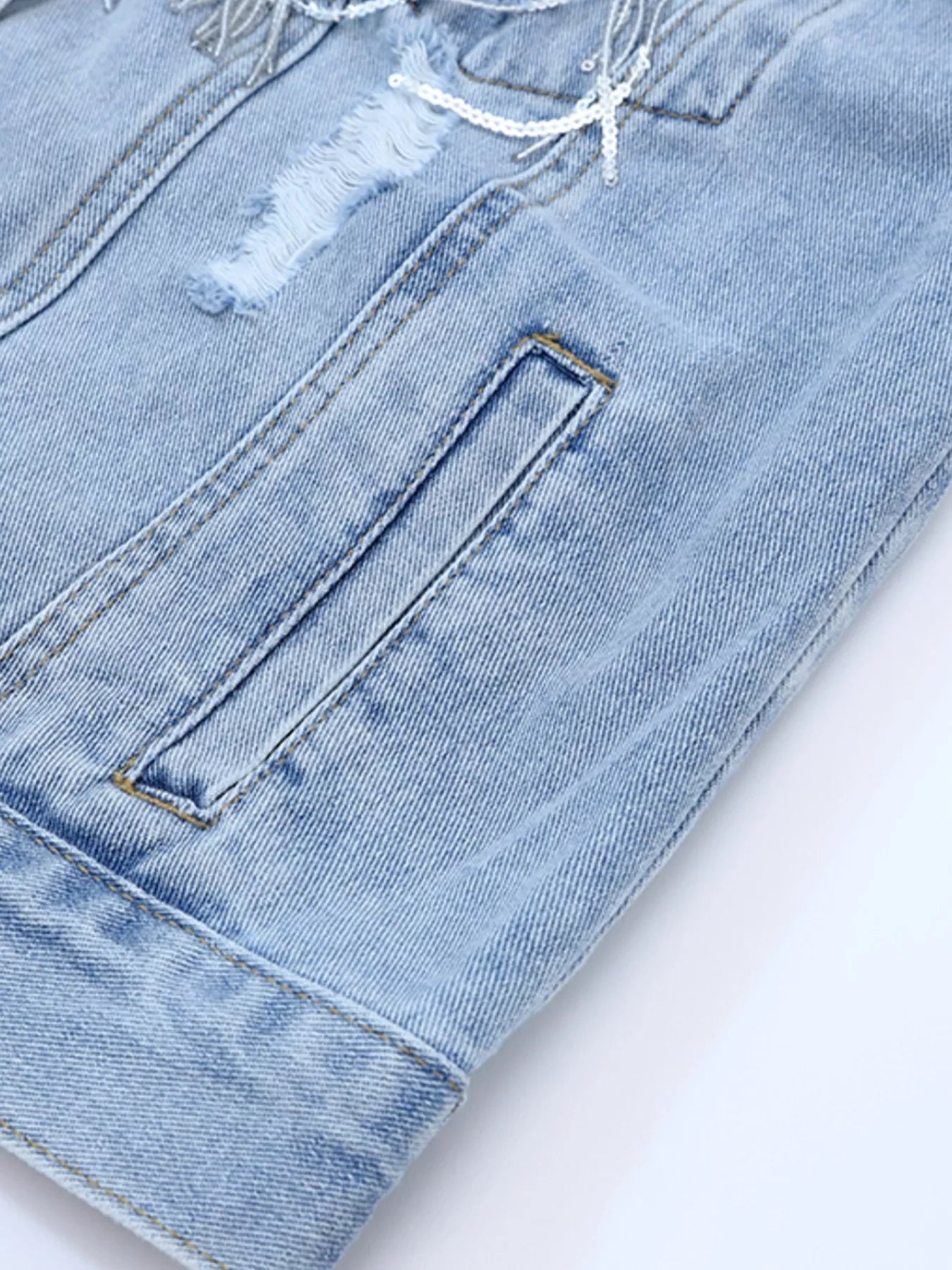 Fringed Sequin Embellished Denim Jacket