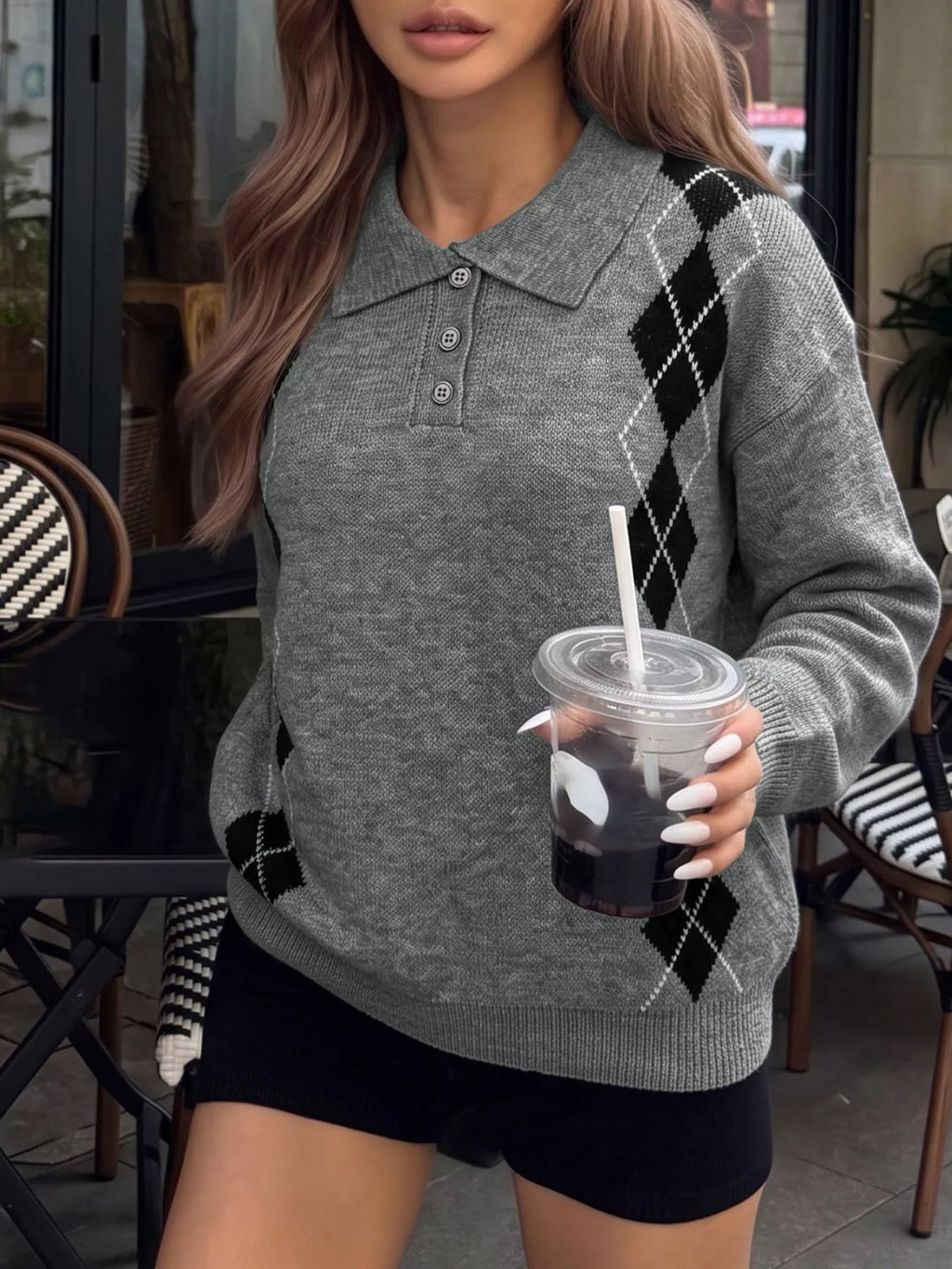 Argyle Patterned Polo Collar Sweater