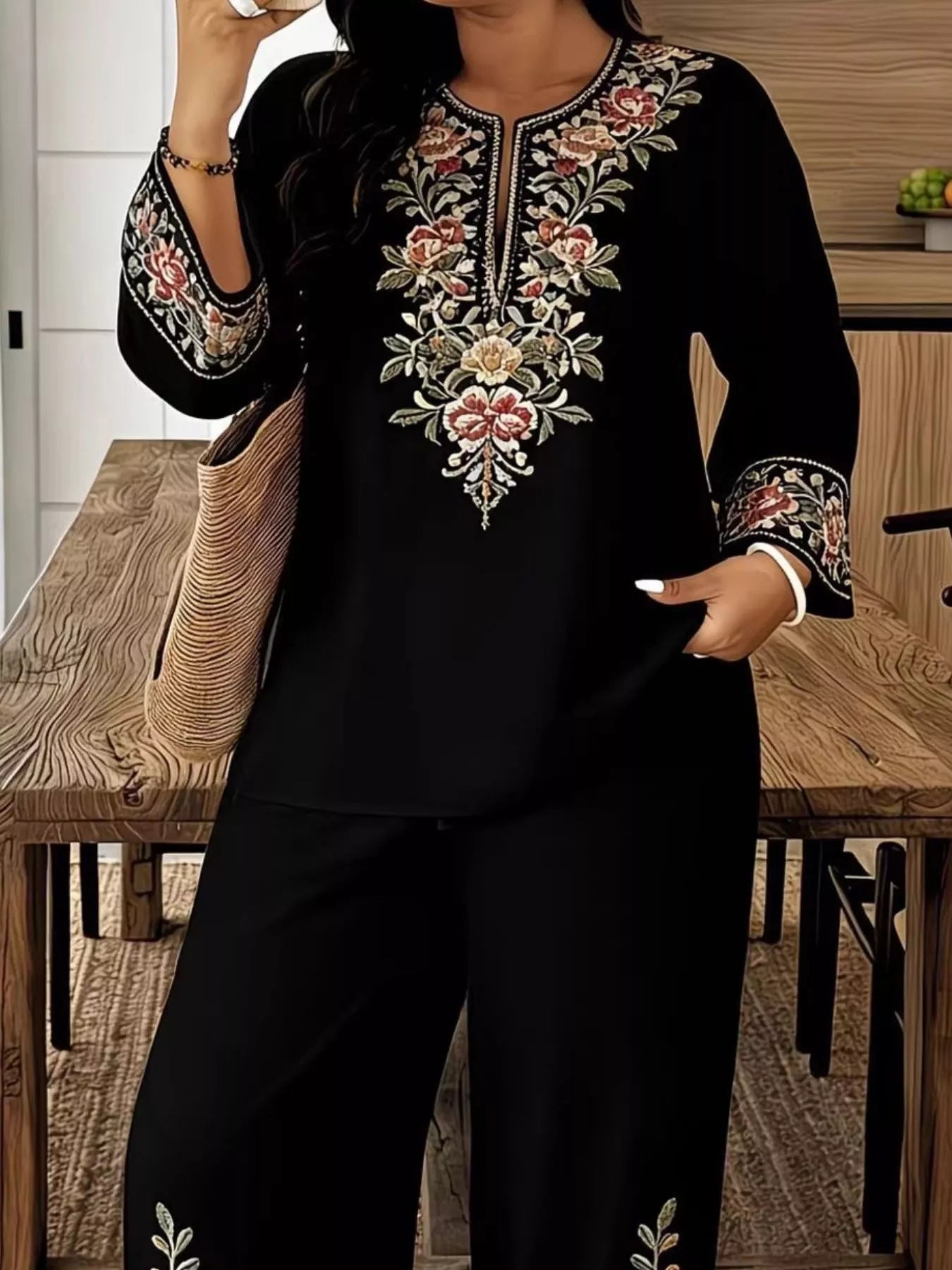 Full Size Embroidered Long Sleeve Top and Pants Set Plus Size