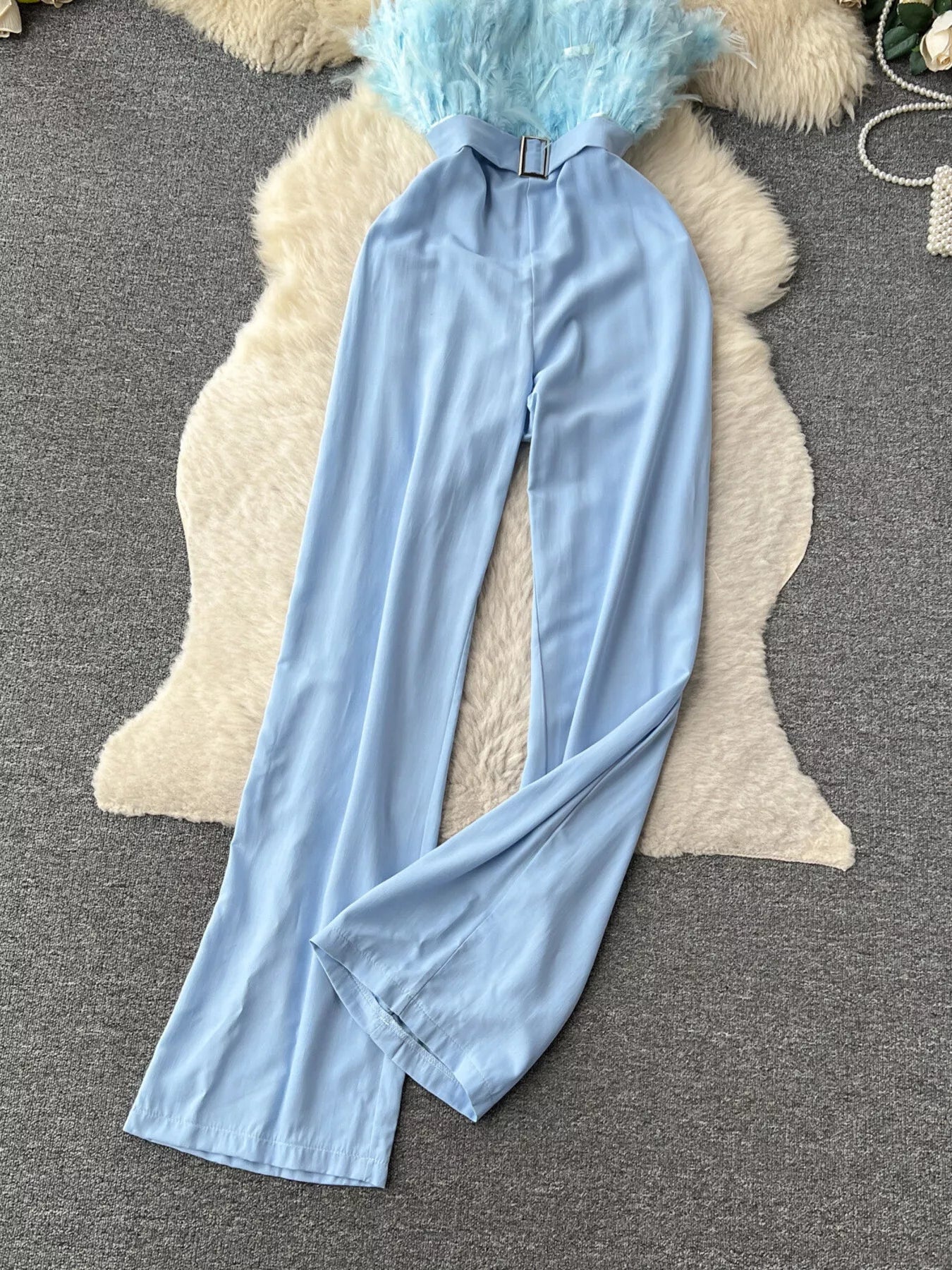 Feather Trim Strapless Wide Leg Jumpsuit