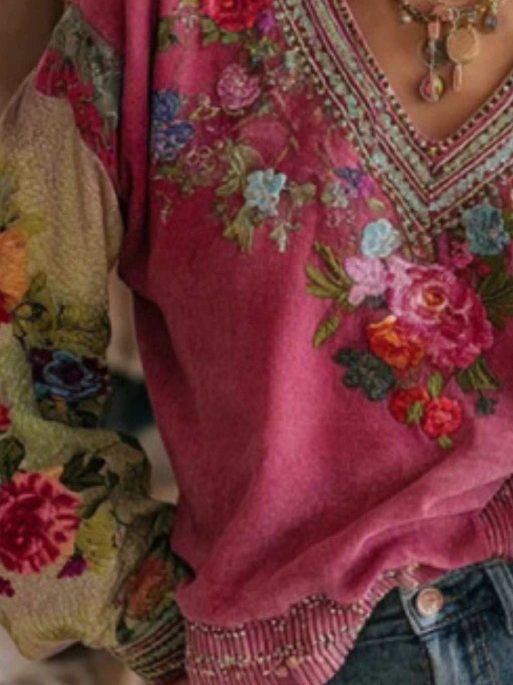 Full Size Floral Embroidered V-Neck Blouse Plus Size