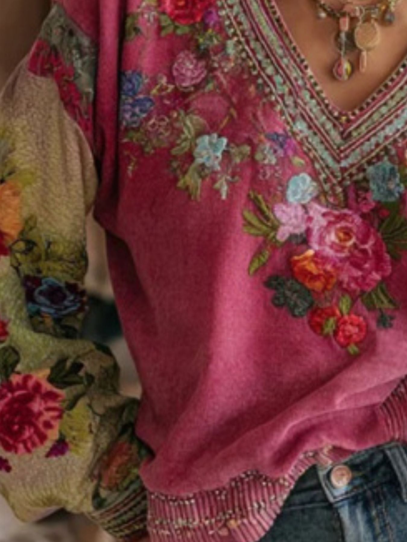 Full Size Floral Embroidered V-Neck Blouse Plus Size