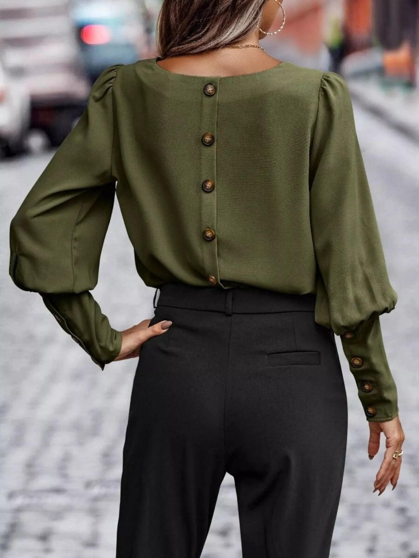 Back Button Lantern Sleeve Blouse
